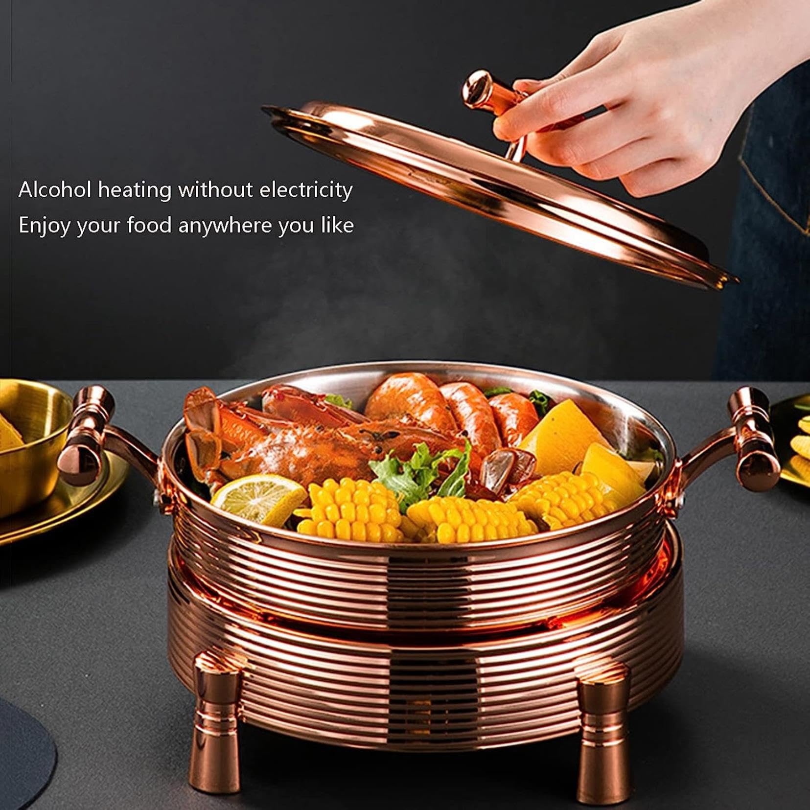 Set di pentole Calde per Buffet e riscaldatori per Catering, scaldavivande 3 in 1 con Coperchio in Vetro, Dorato 26 cm (Dorato 22 cm)