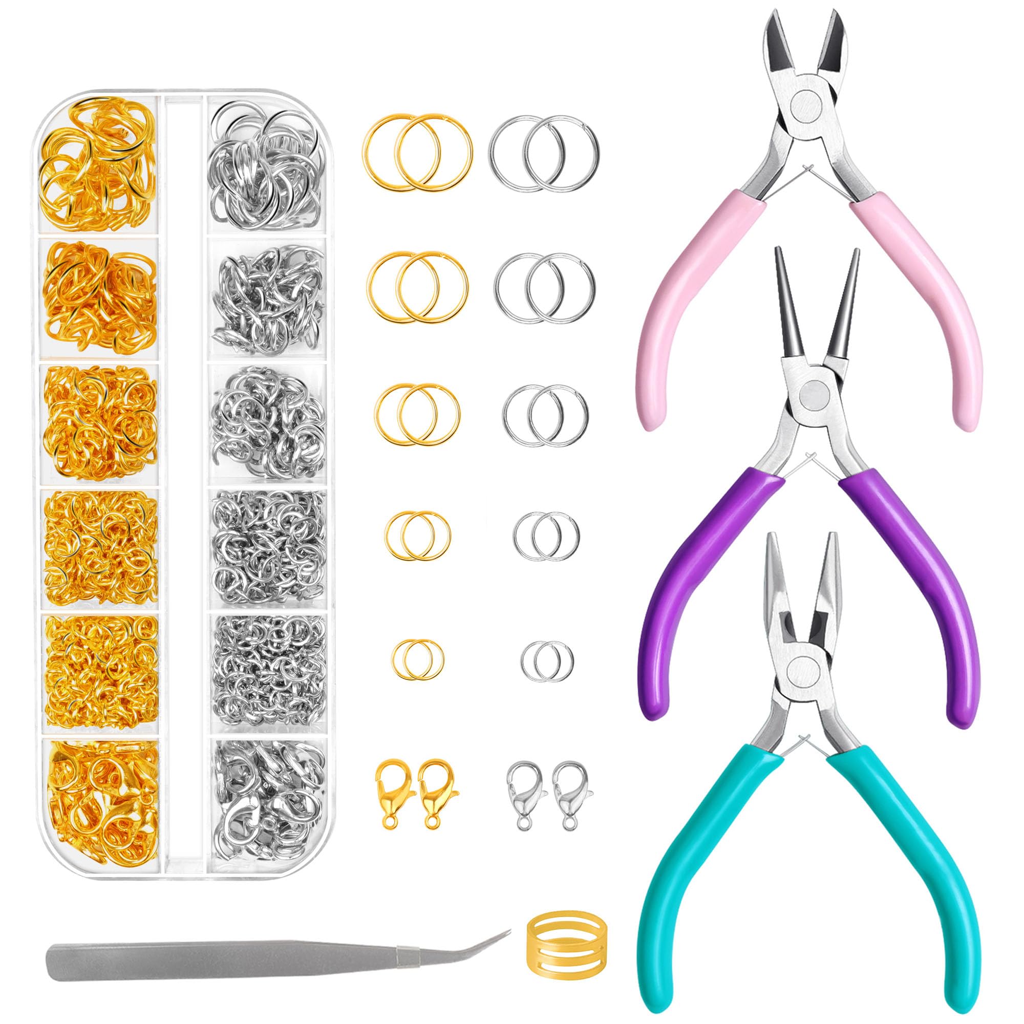 Gkelaly Jump Rings and Jewellery Pliers Set for Jewellery Making and Repair Kit with Lobster Clasps and 3pcs Pliers for DIY Bracelet, Necklace, Earring and Keychain