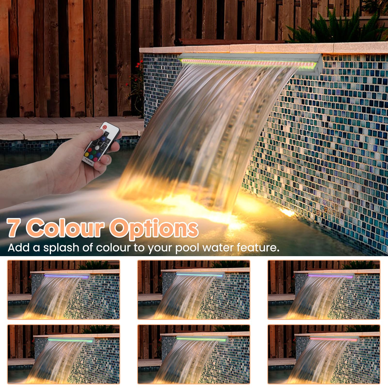 Garvee Cascada de Agua de Acero Inoxidable 304 para Piscina y Jardín Fuente Rectangular Decorativa con Luces LED RGB y Mando a Distancia para Estanque Exterior y Paisajismo Patio 90 cm Plata