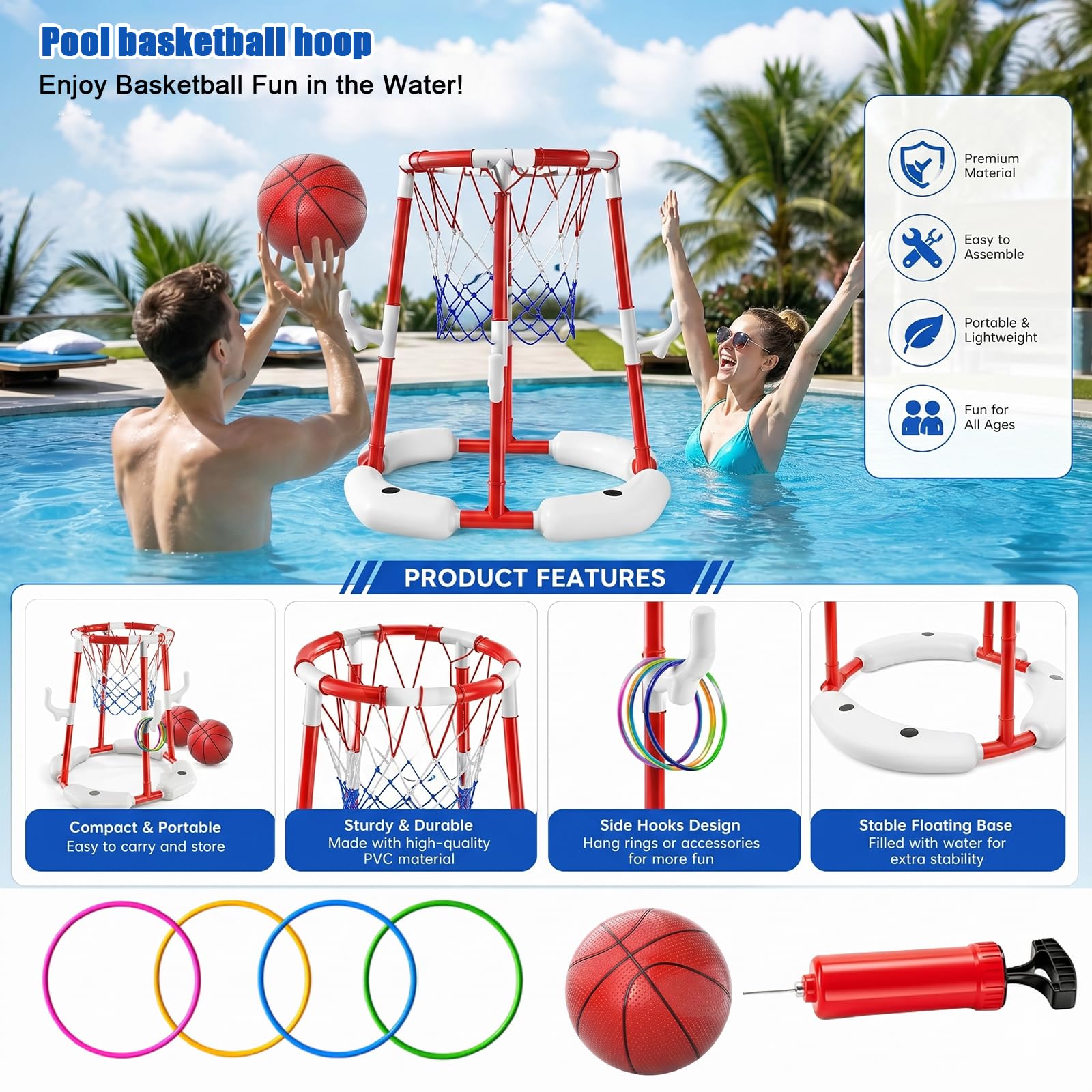 Aufblasbarer Basketballkorb für den Pool mit 4 Bällen, Pumpe und Aufklebern