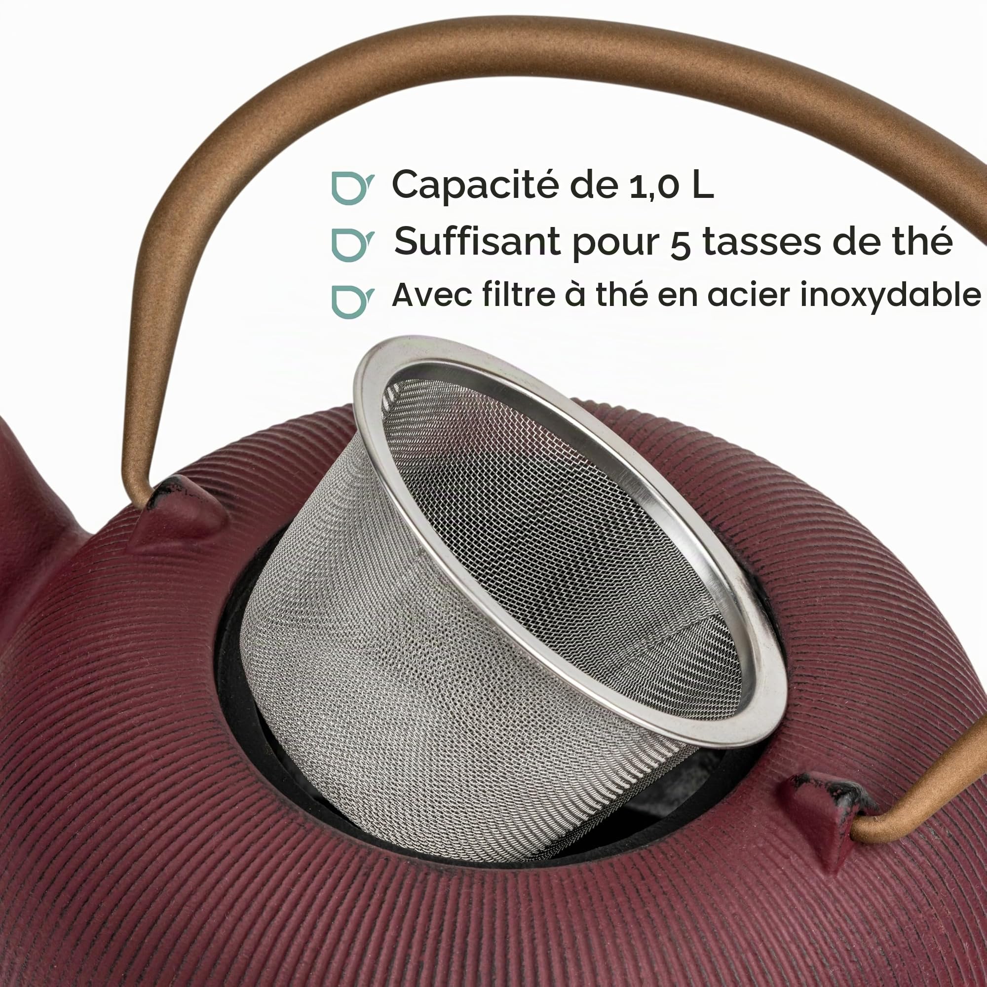 Petite théière en fonte à induction 1 l – Verseuse asiatique violette avec anse et filtre à thé en acier inoxydable – Idéal pour les thés en vrac