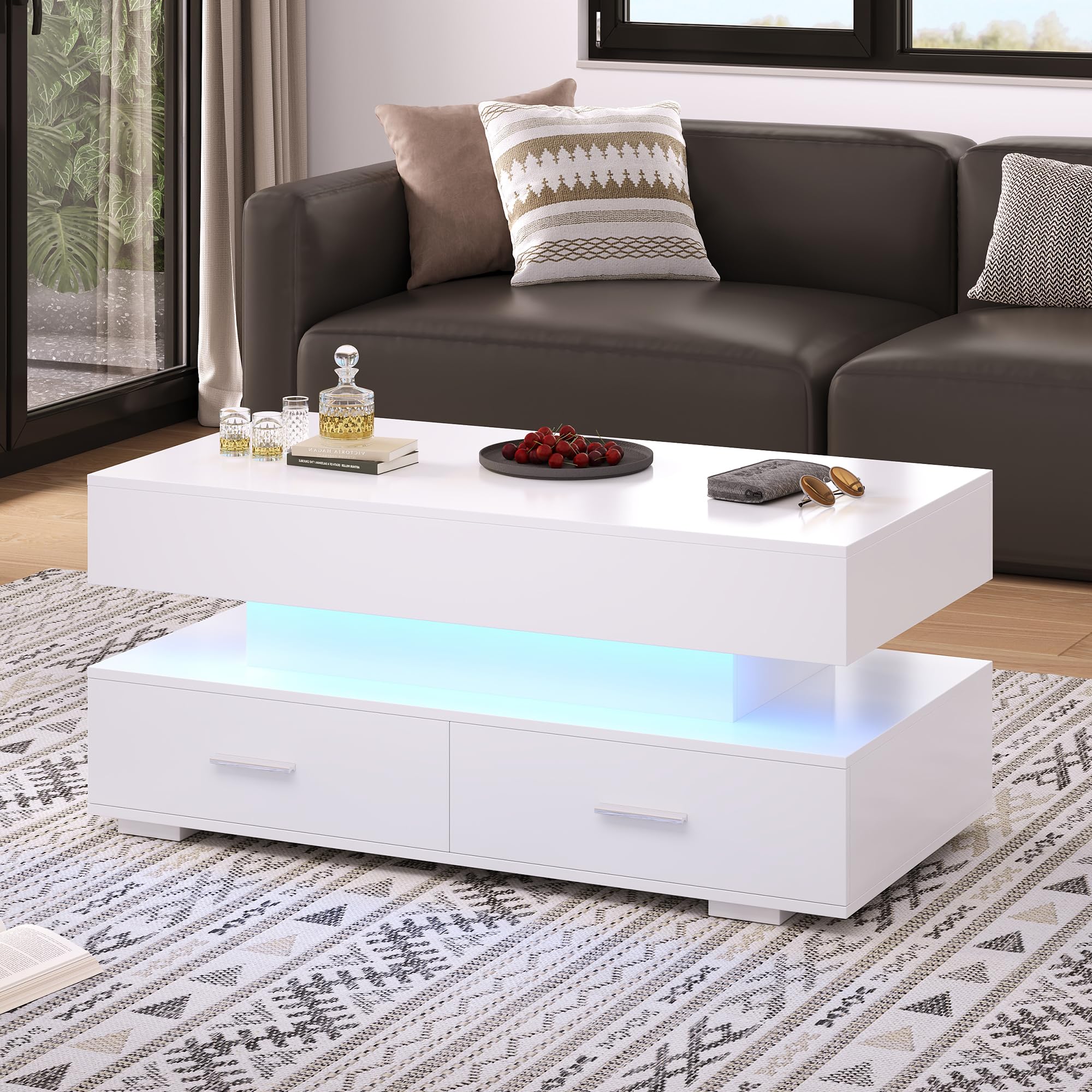 BENMWS Hydraulische in hoogte verstelbare salontafel, met ledverlichting, bluetooth-app-bediening, 2 laden en open opbergruimte, witte opklapbare salontafel, 50 x 100 cm