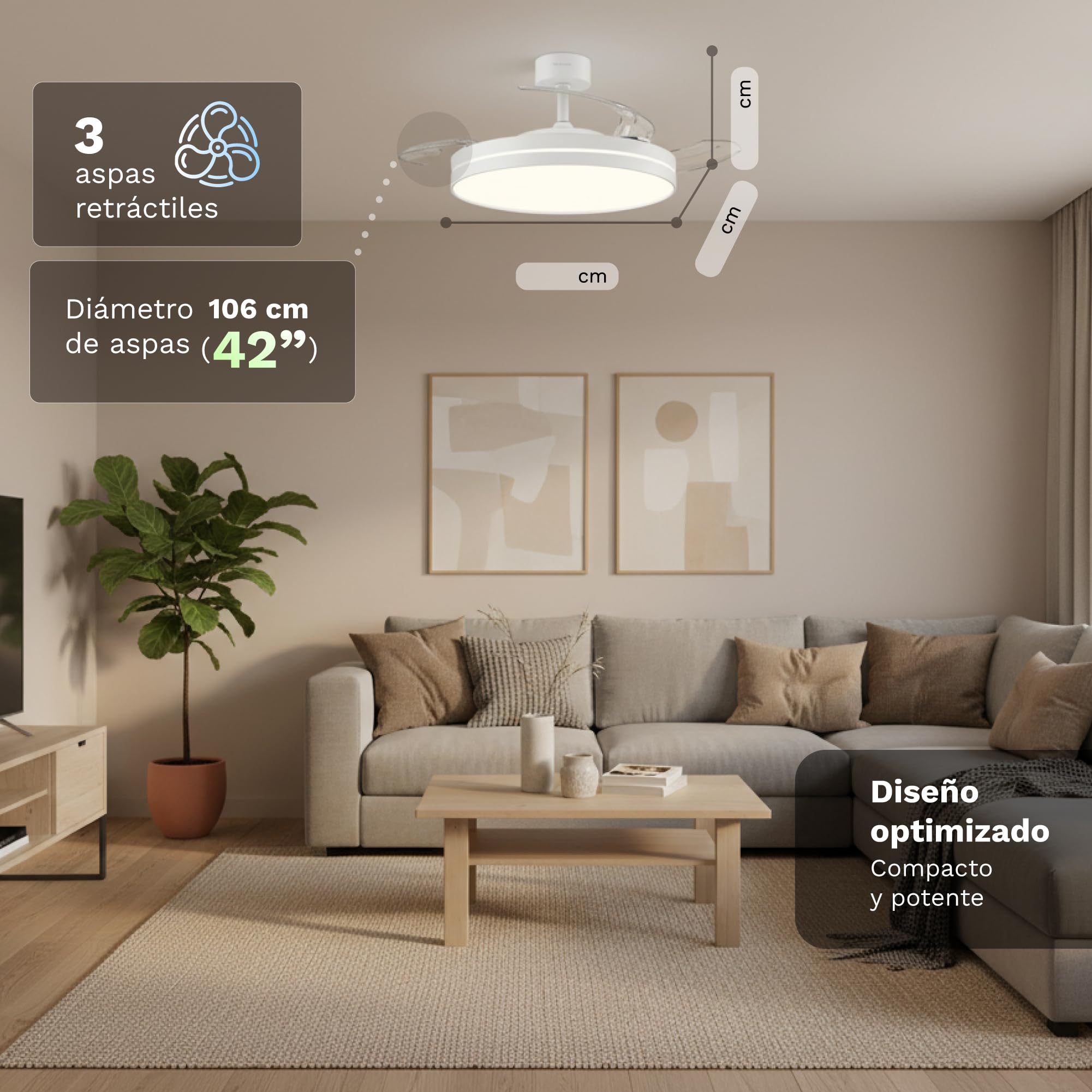 Grunkel SKYWHITE42 Ventilador de Techo 42” | Motor DC 30W | Aspas Retráctiles | Luz LED 24W | 6 Velocidades | Rotación Inversa | Mando a Distancia