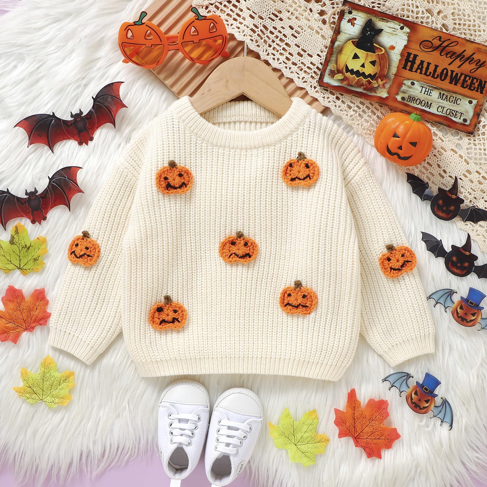 Jersey unisex de Halloween para bebé, manga larga, cuello redondo, calabaza, letra, bordado, jersey de punto para bebé, Halloween, fantasma, calabaza