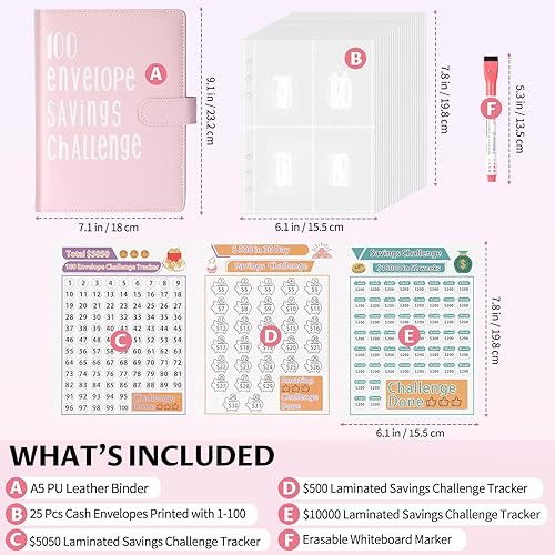 Miniatura 2 de ONEDONE Carpeta de desafíos de ahorro de dinero de 100 sobres A5 con sobres de efectivo y marcador borrable para ahorrar dinero en efectivo para