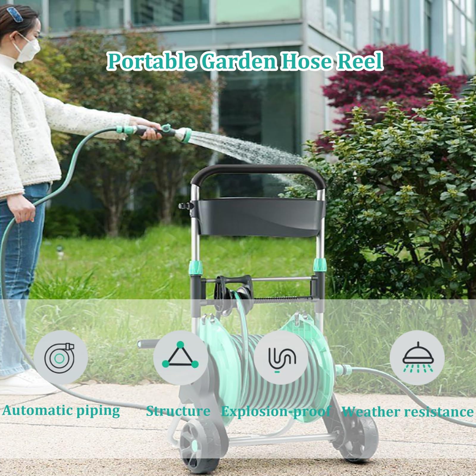 Carrello avvolgitubo retrattile con guida integrata, ugello regolabile e raccordi, design portatile su ruote per prato, cortile, lavaggio auto e pulizia dei vetri (3 pistole ad acqua, tubo da 20 m)