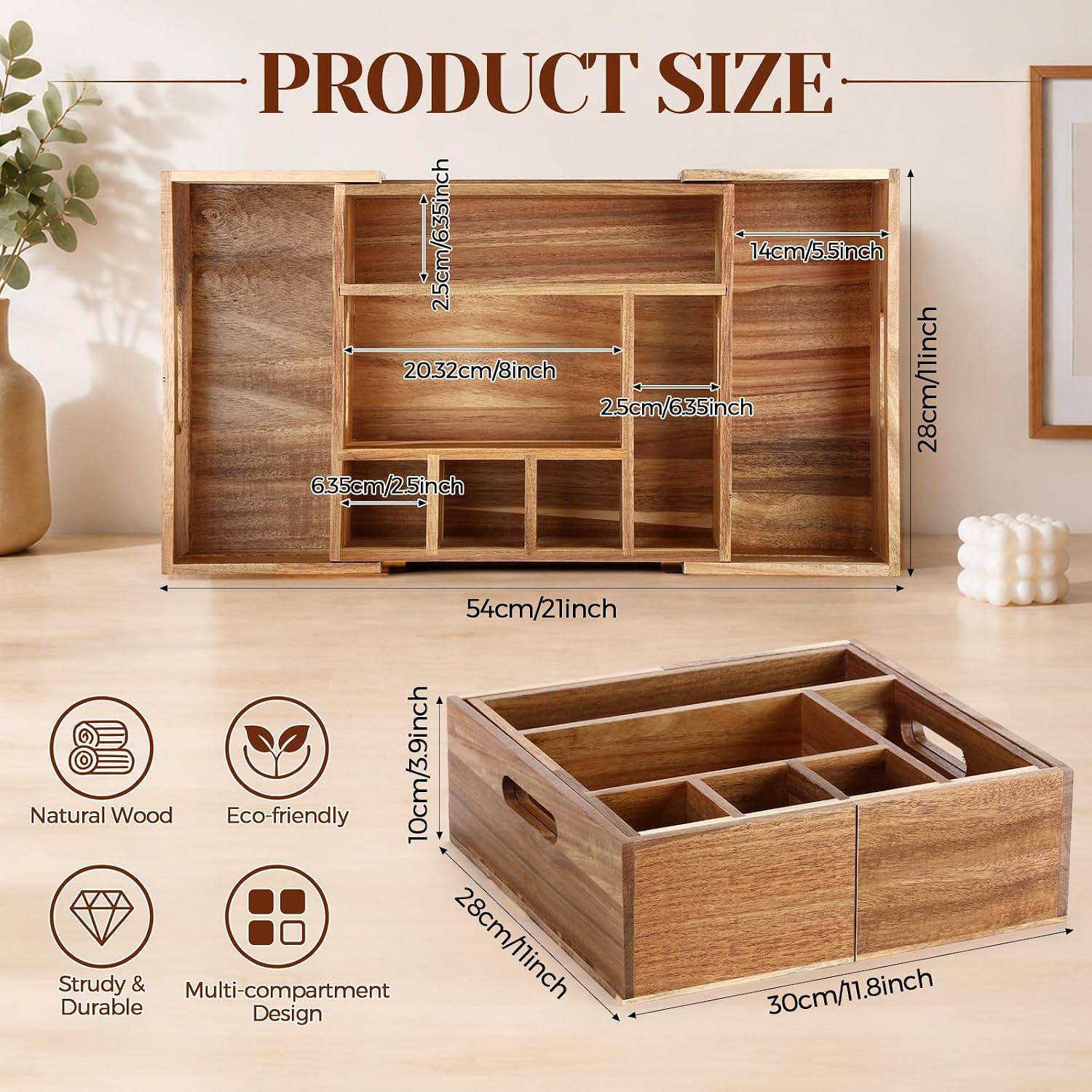 Mifoci Large Expandable Acacia Wood Utensil Holder for Party Paper Plate Organizer for Countertop Silverware Caddy with 6 Compartments for Plate Spoon Napkin Cup Spoon Holder Kitchen Camping Buffet