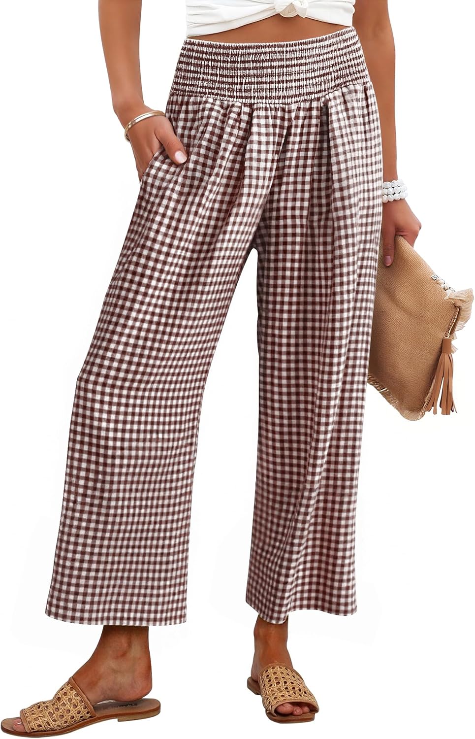 ANRABESS Women Striped Gingham Wide Leg Palazzo Pants Casual Lounge Cropped PJ Bottoms Comfy Cute Plaid Pants with Pockets