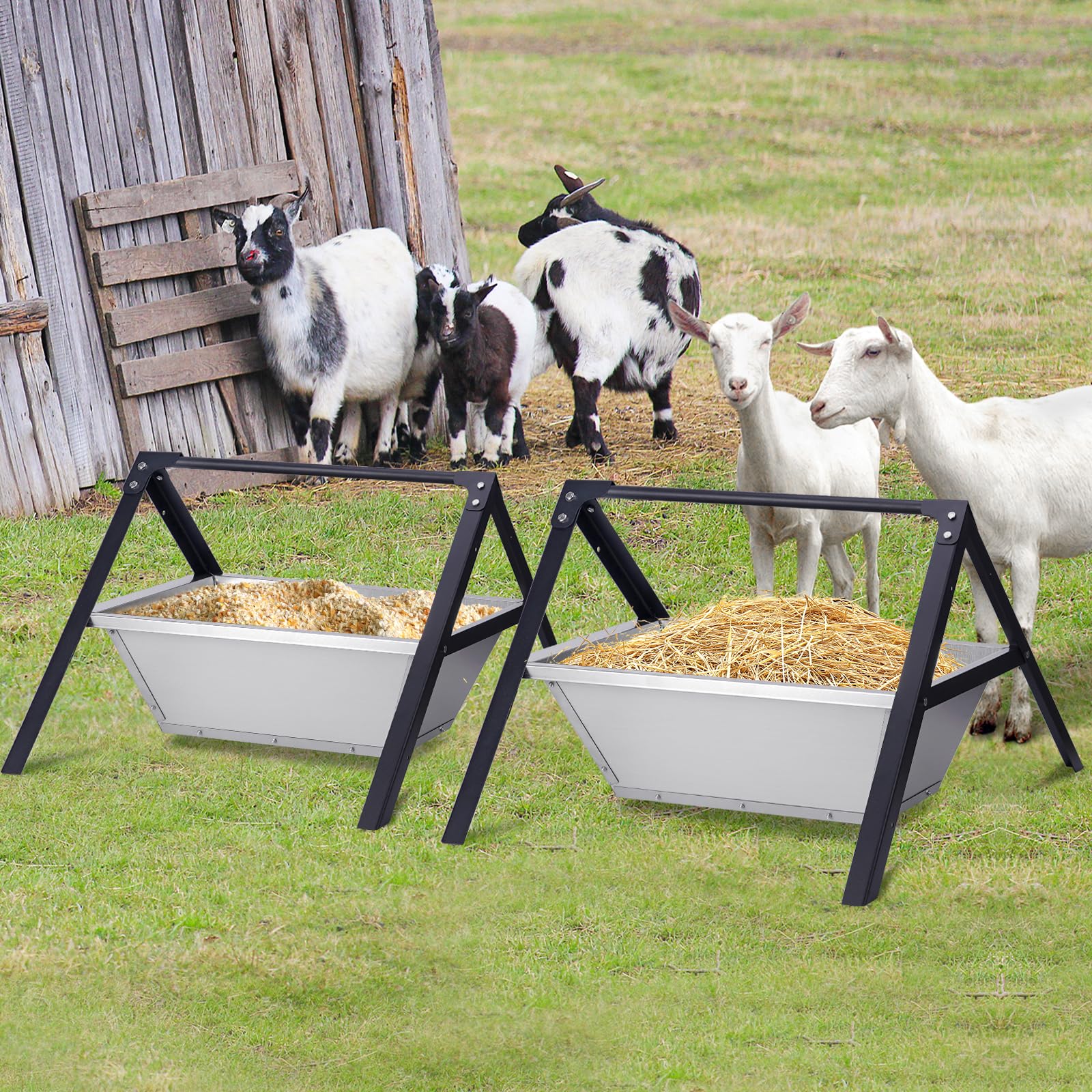 Paquete de 2 comederos de ganado de alto rendimiento, comedero automático de acero inoxidable para cabras que suministra 23 "Comederos portátiles largos para ganado y heno para cabras con