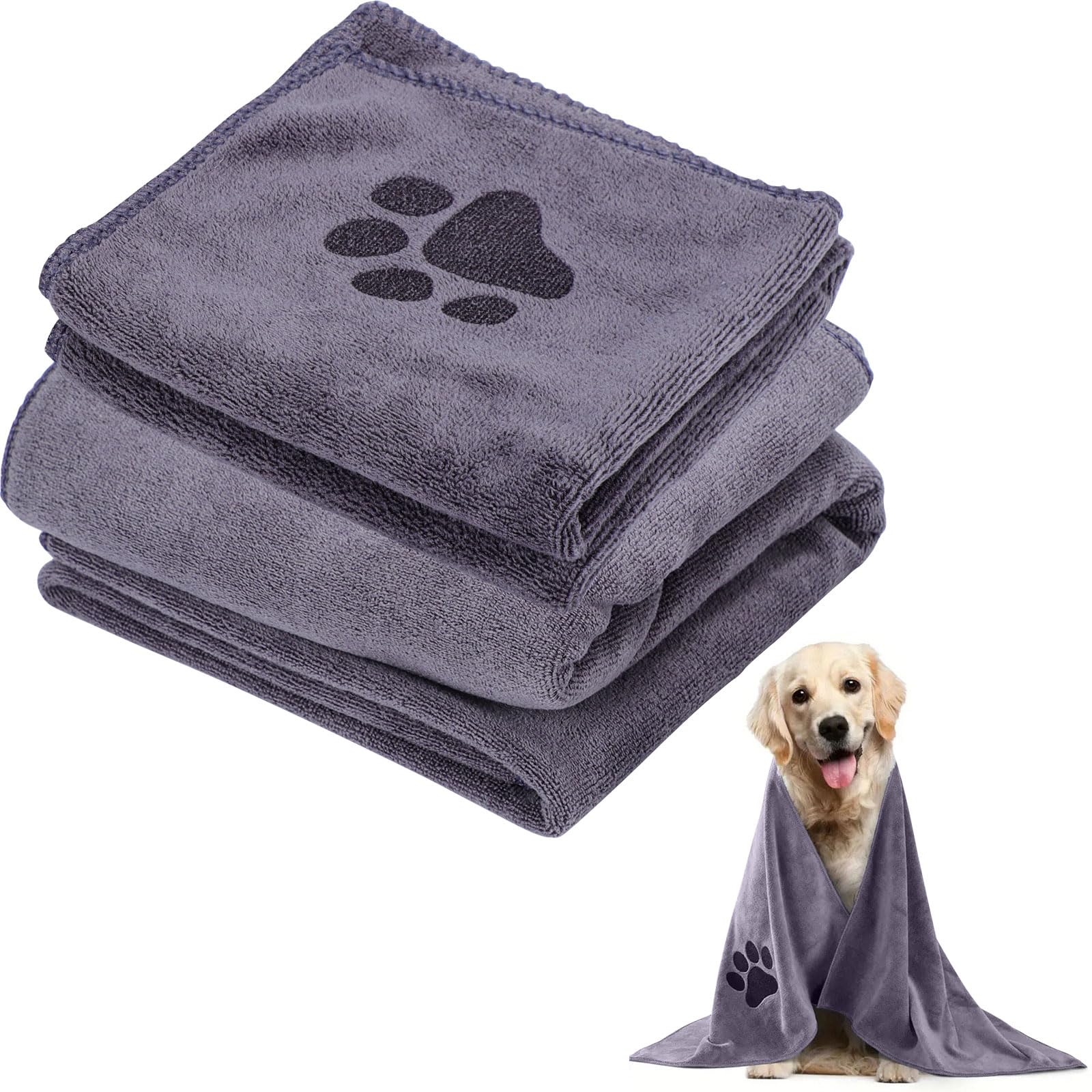 InfiniZer 2 Pack Dog Towel Super Absorbent Soft Microfiber Dog Drying Towel Quick Dry Machine Wash Idea For Puppies, Cats & Other Pets Bathing Grooming Swimming Travel (Grey, M(50 * 100cm))
