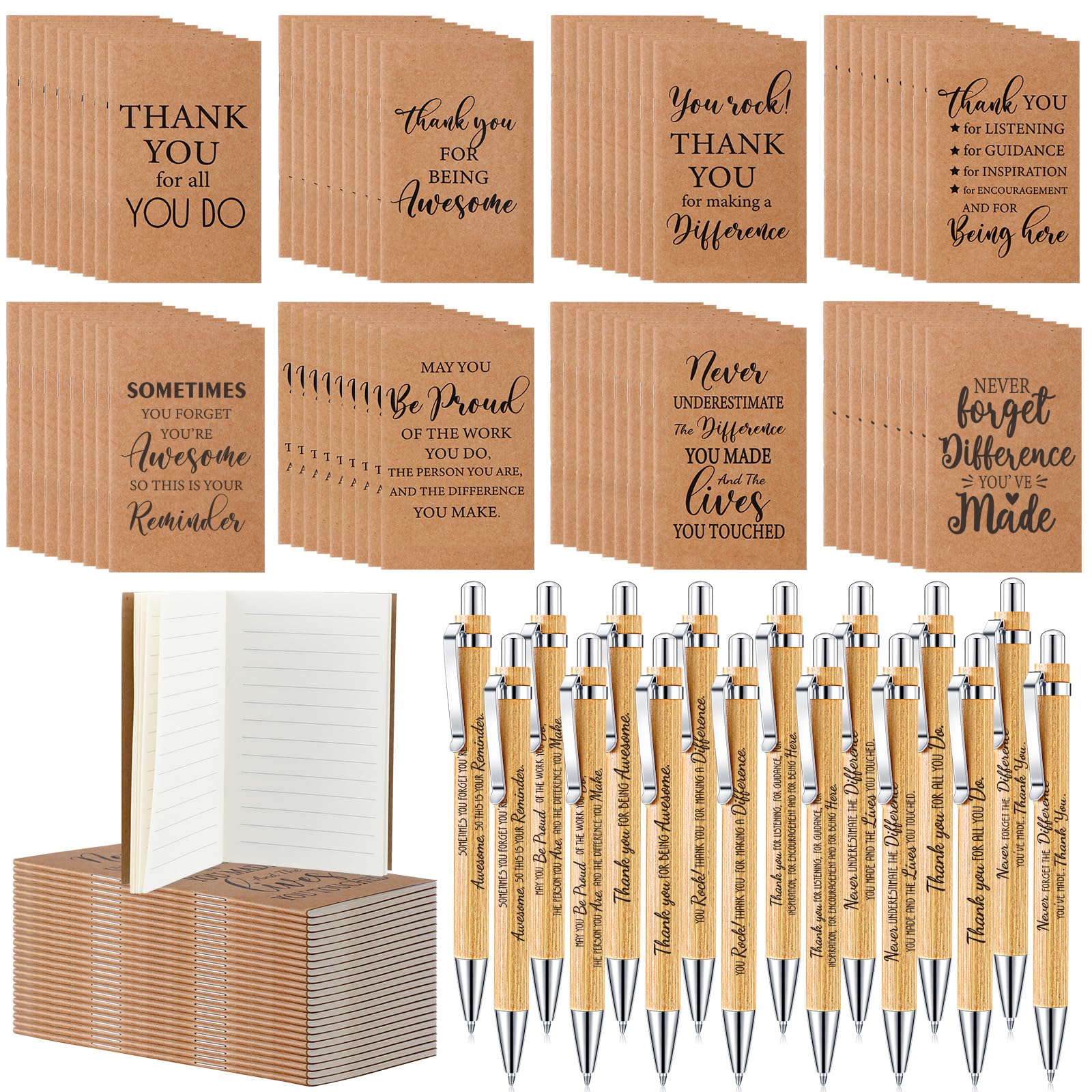 Qilery 72 Pcs Employee Appreciation Gifts Bulk Thank You Notebooks Kraft Journals for Coworker and 8 Pcs Inspirational Bamboo Ballpoint Pens for Teacher Volunteer Nurse Office School Graduation
