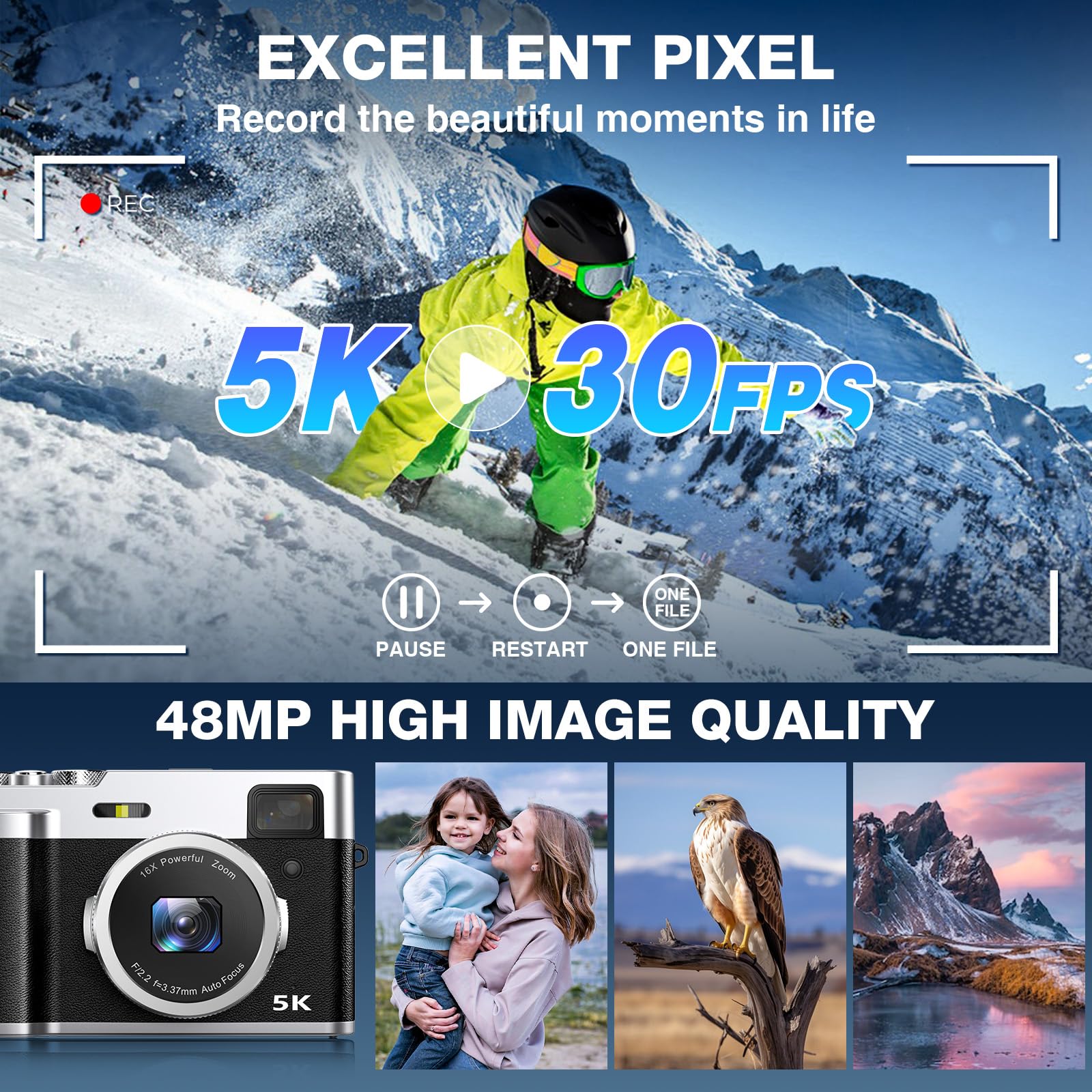 5K Fotocamera Digitale, 48MP, Vlogging, Compatta, Unisex, 32GB, Mirino, Flash, 2.8 Pollici, TikTok, YouTube, Webcam, HDMI, 1/4"-20, Treppiede