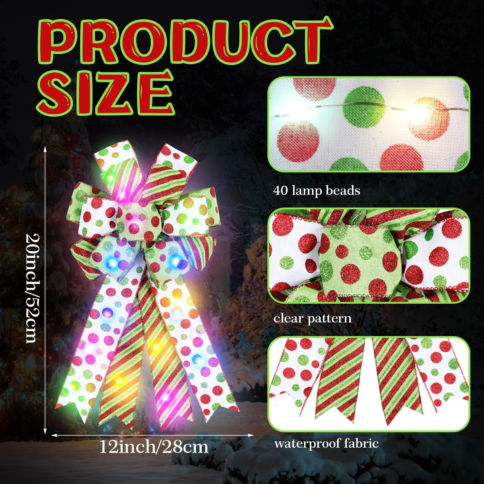 2 Pack Lighted Large Christmas Bow for Wreath Decor, Red Green Tree Topper, Glitter Dot Bows, 20x12 Inch Decorative Light (Red Green)