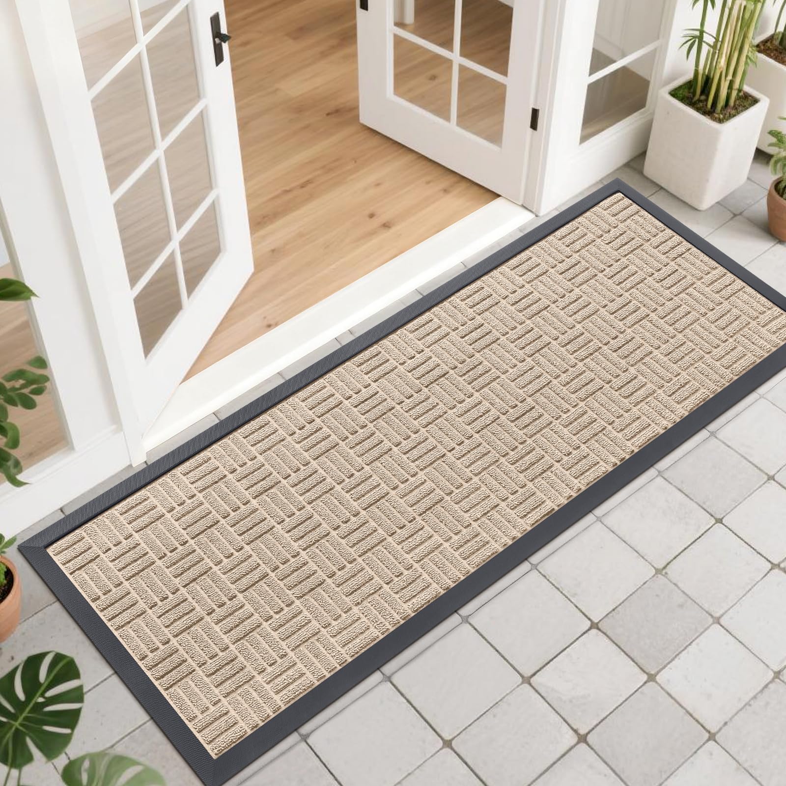 OLANLY Front Door Mat Outside Entrance 47x17, Absorbent, Heavy Duty Sturdy Natural Rubber Doormat Indoor Outdoor, Non-Slip, Stain and Fade Resistant, Low Profile Floor Mat for Entryway, Latte White