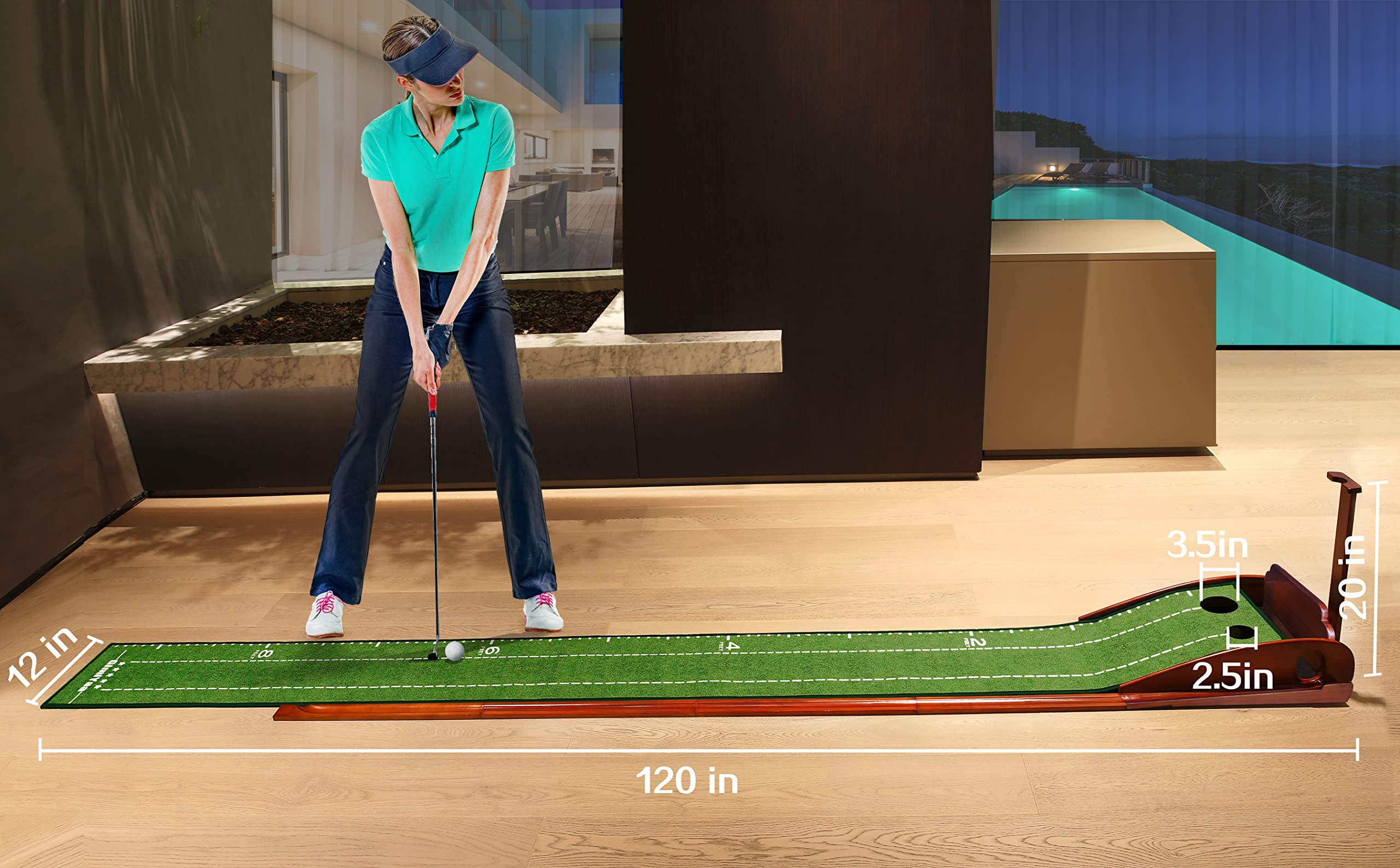 GimiYaa Indoor Putting Green and Outdoor with Auto Ball Return, Golf Greens for use mat Office, Backyard Crystal Velvet Solid Wood Base, LIGHT BROWN, (GEFQD002)