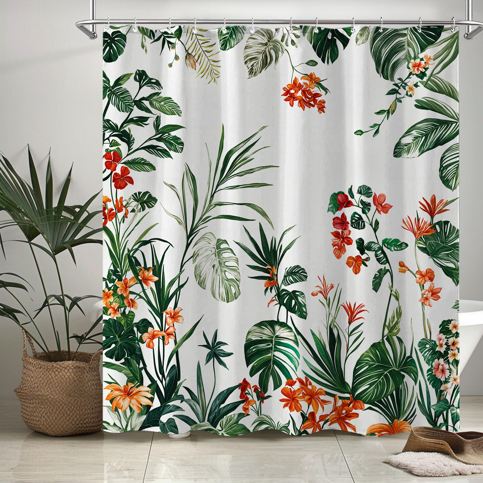 kampdream Tropical Botanical Shower Curtain, Watercolor Leaves Flowers Plant Bathroom Curtain, Floral Waterproof Bathtub Curtains Green and Red on