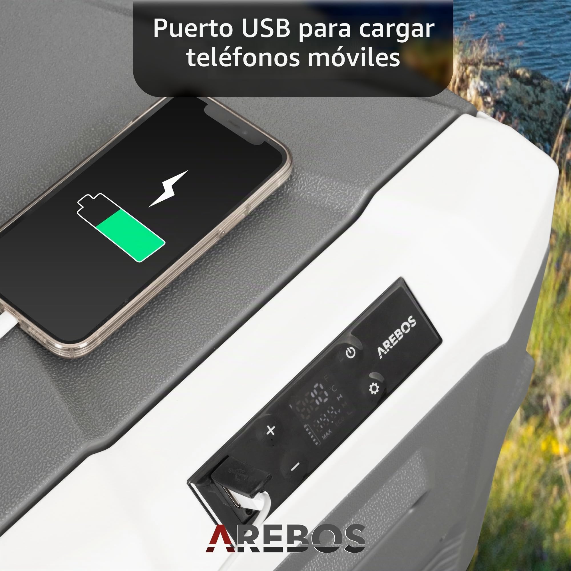 Arebos Nevera con compresor de 43 litros | congelador eléctrico con Control de aplicación para refrigerar, congelar y Mantener Caliente | frigorífico hasta -20 °C | Nevera para Coche con Puerto USB,