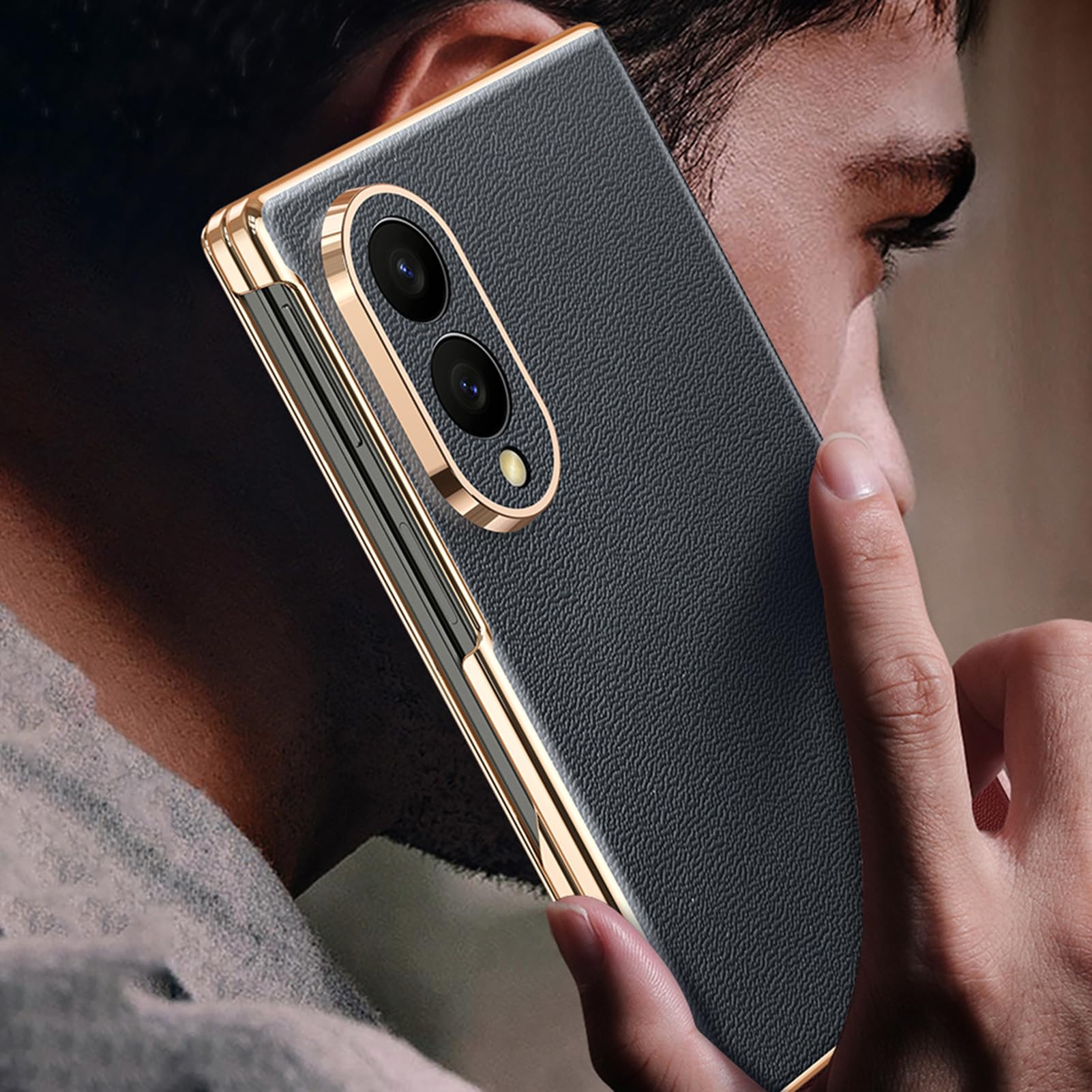 Etui z klapką do Samsung Galaxy Z Fold 8, ręcznie wykonane z prawdziwej skóry ocynkowanej ze złotym brzegiem, styl biznesowy, zamknięcie na magnes, ochrona przed upadkiem, kolor czarny