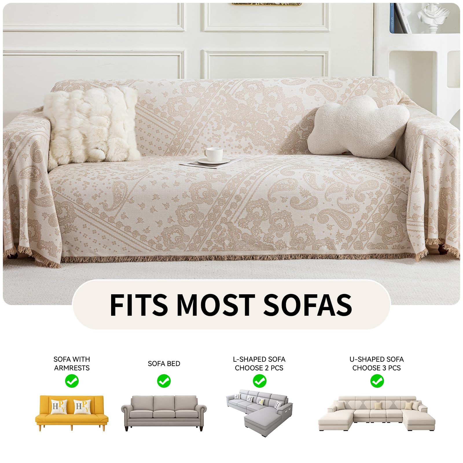 DeepDream Sofa Überzug 1/2/3/4 Sitzer, Chenille Sofaüberwurf Waschbar L Form Sektionssofa, Couch Überzug Sofa Überwurfdecke Futonbezug für Haustiere Kinder, 180 x 300cm, A Beige