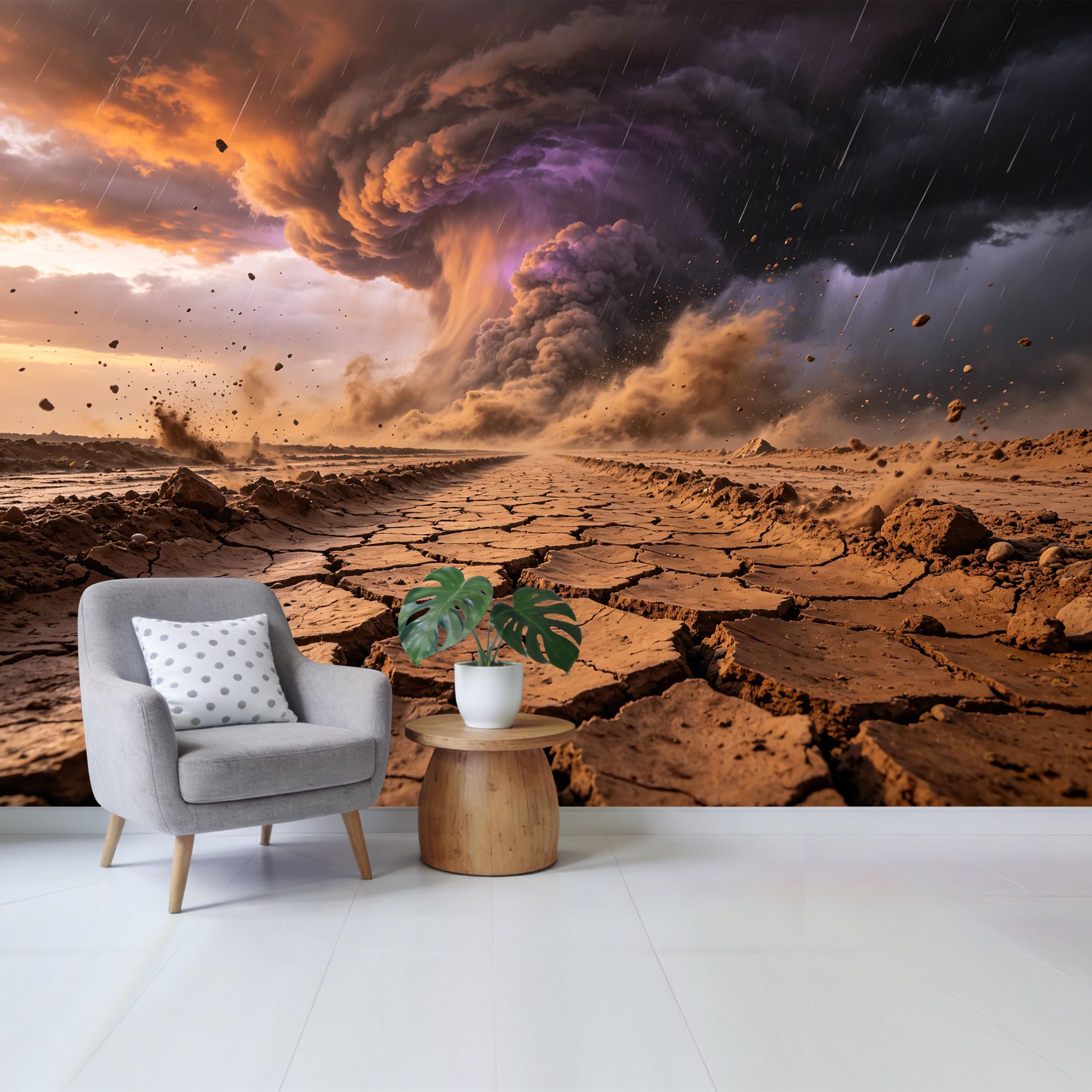 Custom Size Wall Mural Dramatic Desert Storm Landscape with Cracked Earth and Lightning Clouds Removable Self Adhesive Fabric Home Wall Decor for Living Room Bedroom Bathroom