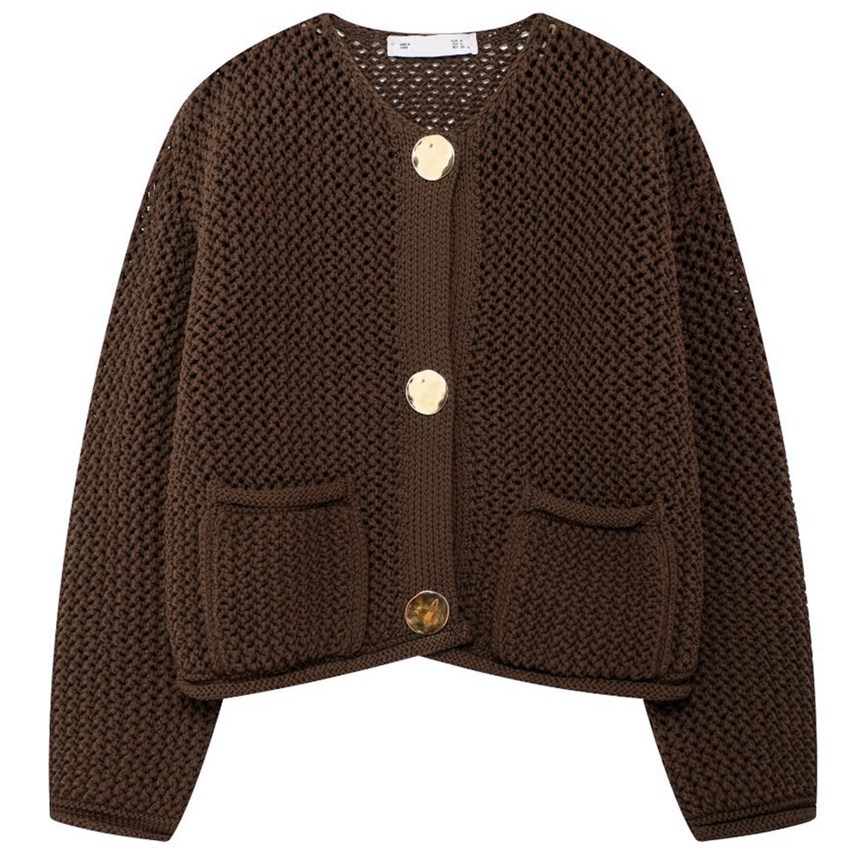 Womens Cropped Cardigan Sweaters Chunky Knit Gold Button Down Open Front Cardigan Long Sleeve Crop Crochet Sweaters-image-40