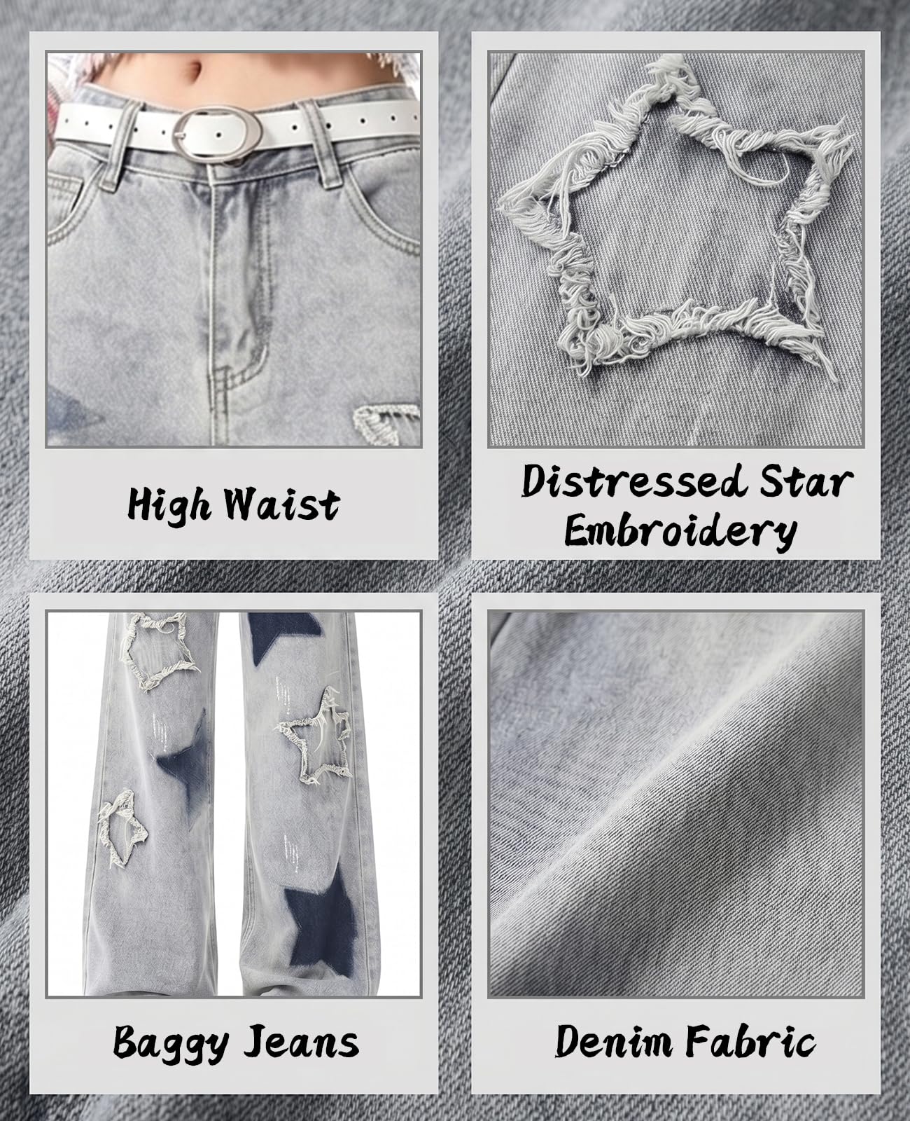 Süße Jeans für Damen und Mädchen, Sternen-Patchwork-Hose, hohe Taille, gerades Bein, legere Kleidung