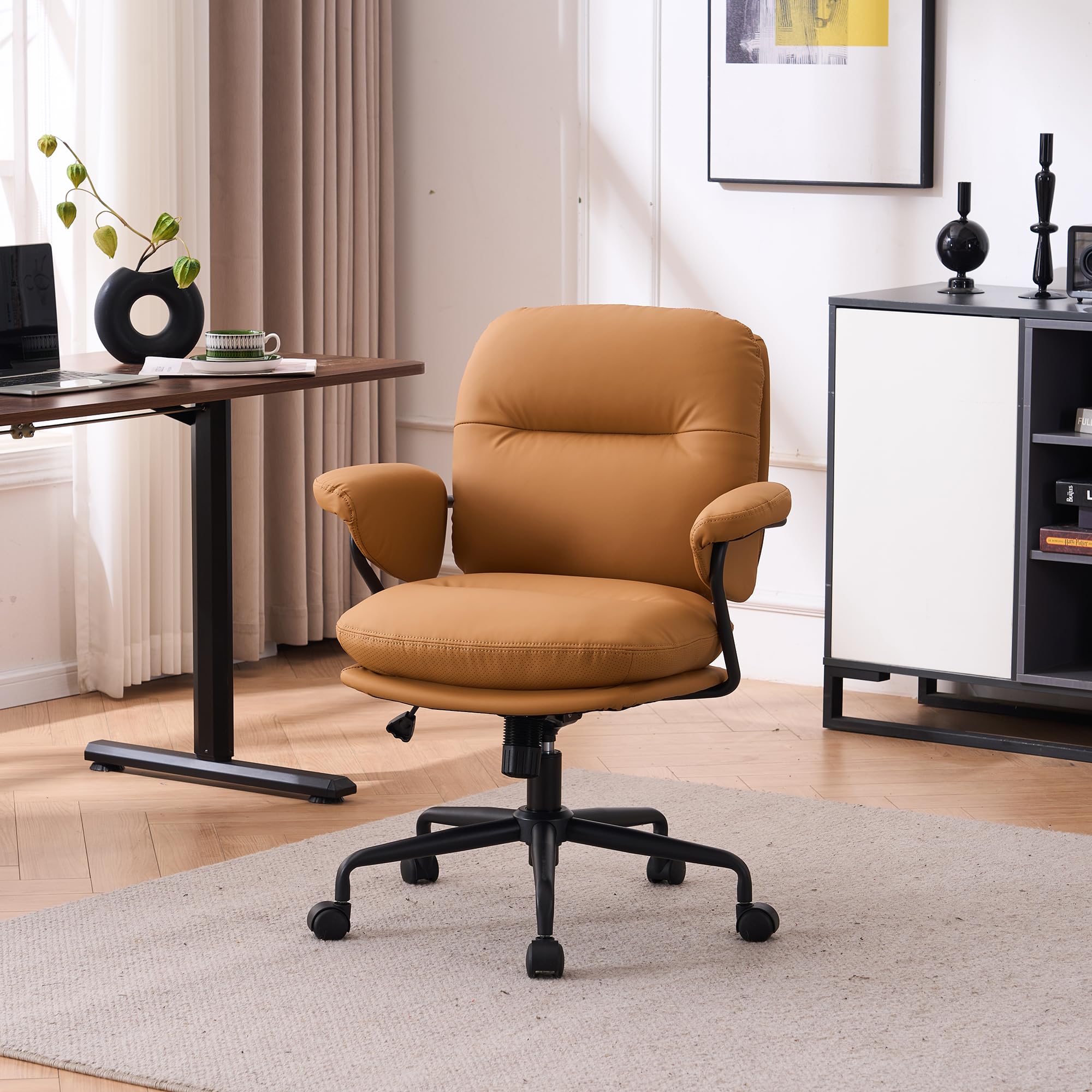 DRKAT Ergonomic Home Office Chairs Leather Office Chair, Comfortable Office Chair with Padded Armrests, Reclining Height Adjustable Comfy Computer