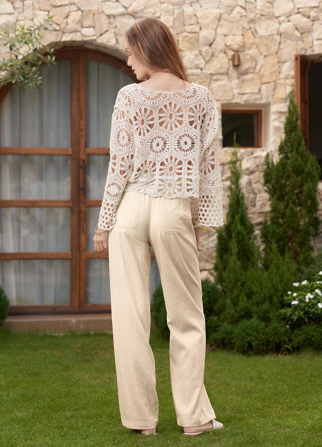 Women Linen Pants Wide Leg Palazzo Pants Cotton Linen Drawstring Summer Pants with Pockets 31" Khaki - Image 3