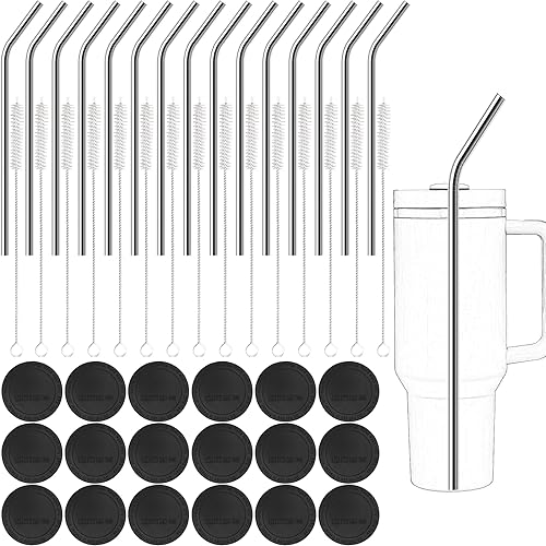 Pajitas de metal de acero inoxidable para vaso Stanley de 40 onzas, con 25 popotes doblados reutilizables, 25 cepillos limpiadores de popotes y 25