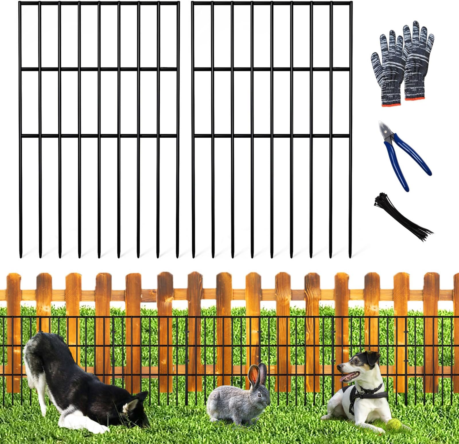 10pcs Garden Fence Animal Barrier 10.8ft(L) X 17in(H) No Dig Barrier Fencing Dog Rabbits Blocker 9 Vertical Metal Wire Rustproof Border Decorative Fences for Outdoor, Yard, Patio