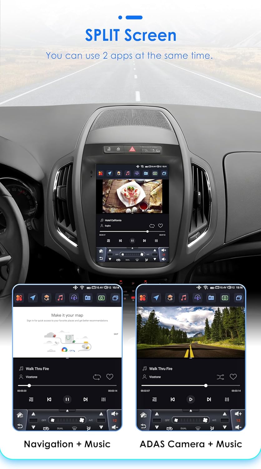 Screenshot of the car radio display showing split-screen functionality with navigation and music apps.
