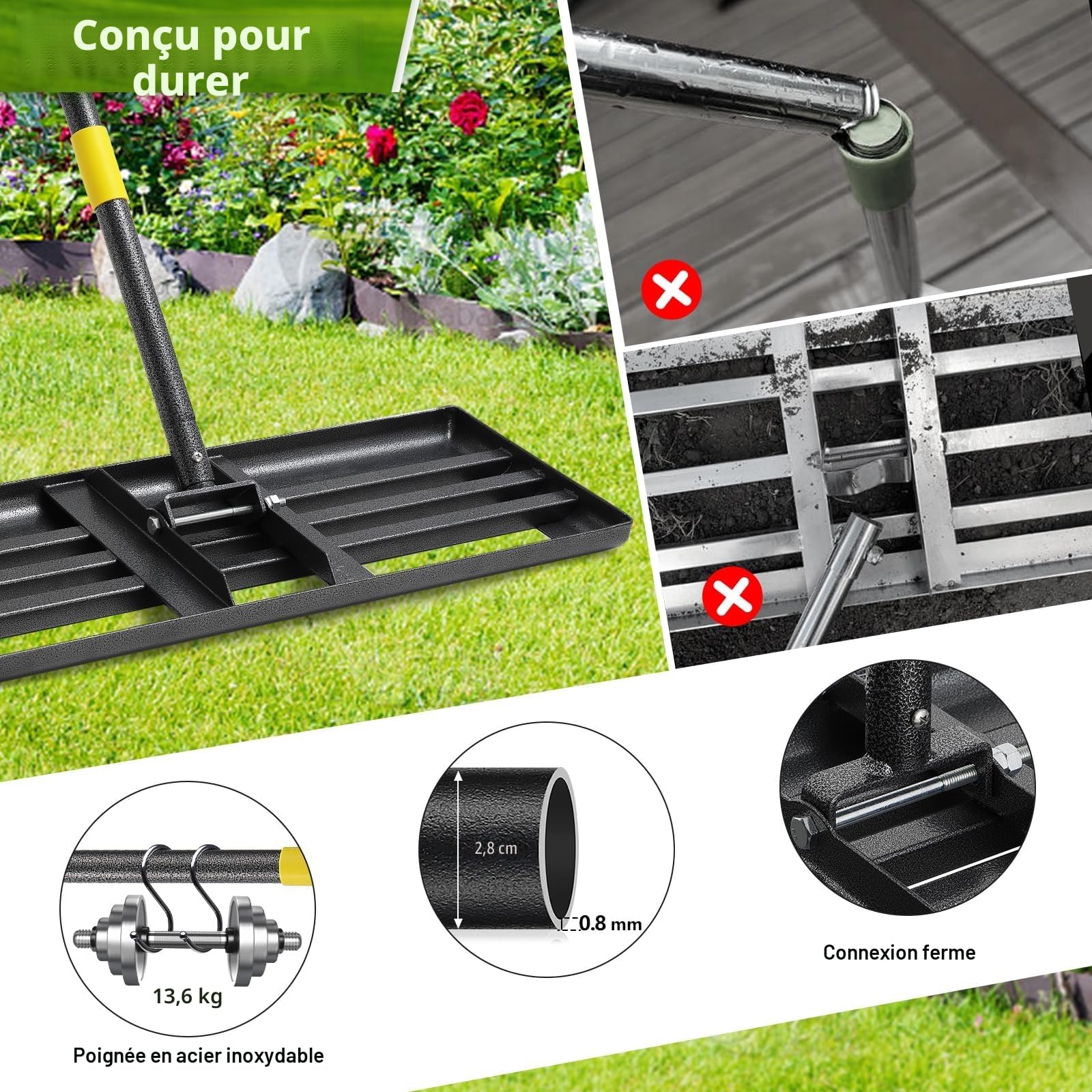 Râteau de nivellement de pelouse en métal - 157 cm - pour Le Golf, Le Jardin, la Surface - en Acier Inoxydable - 76 x 25 cm (182cm)