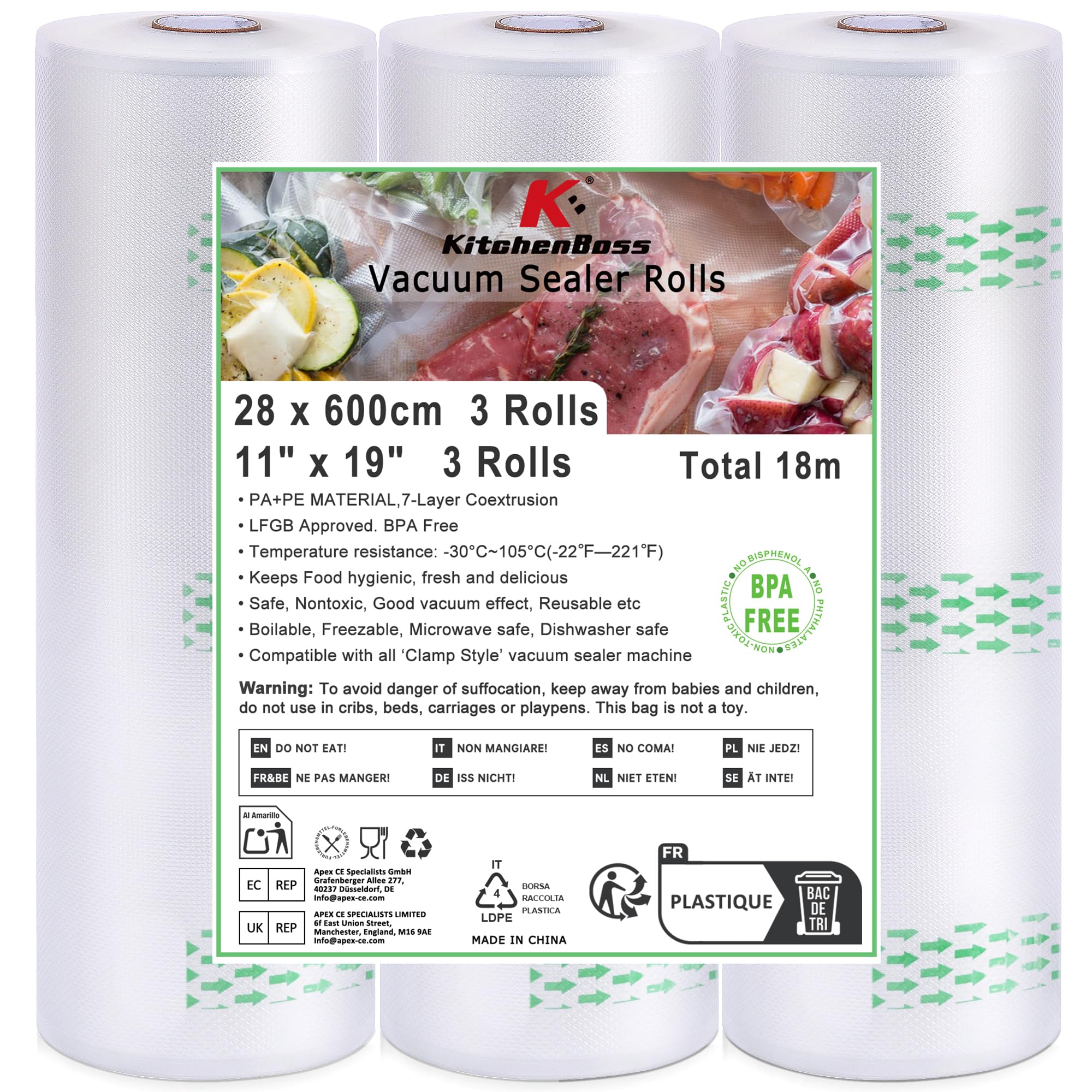 Worki do pakowania próżniowego KitchenBoss: 3 rolki, 28 x 600 cm, worki do pakowania próżniowego do przechowywania i gotowania żywności, 170 µm