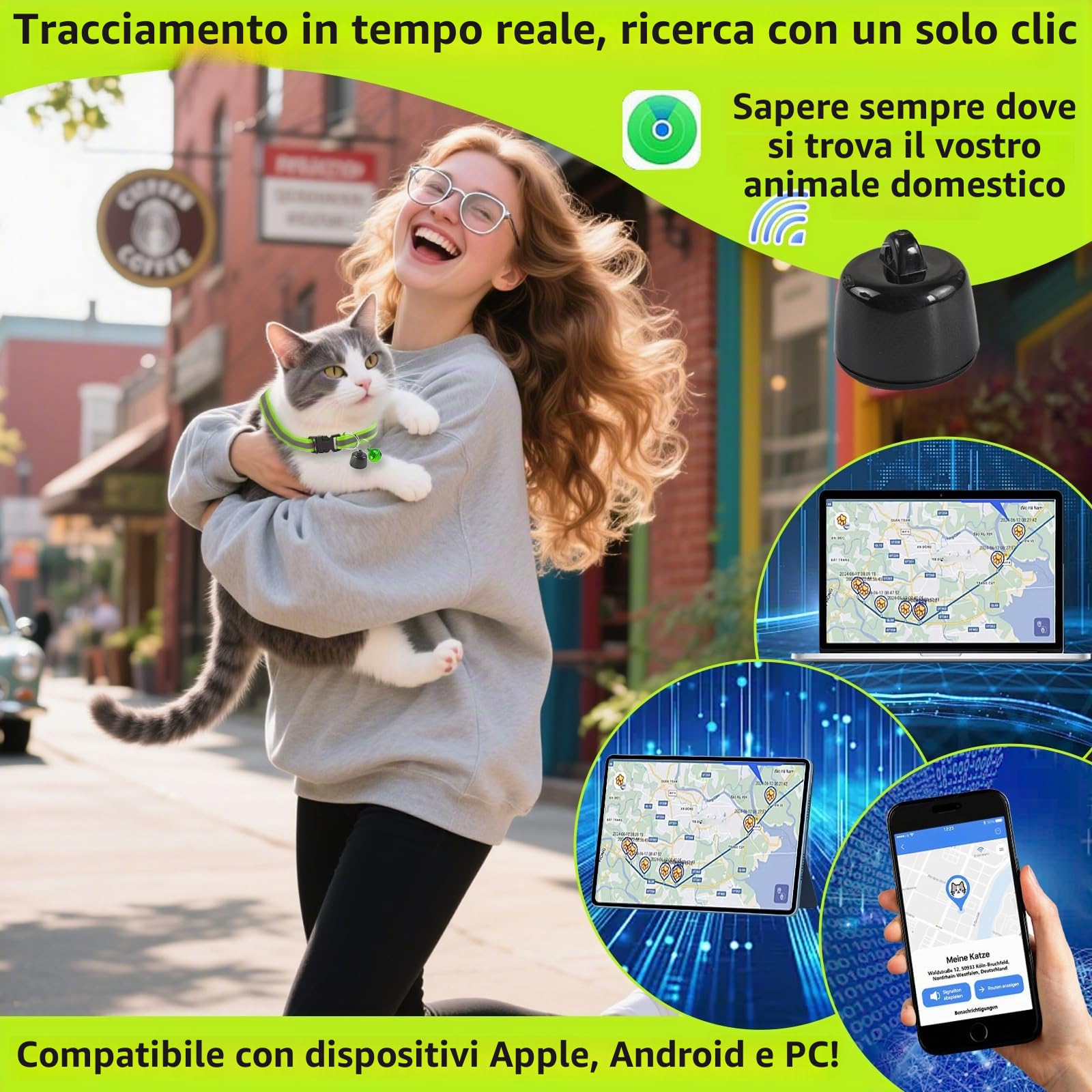 Tracciatore GPS per gatti, compatibile con iOS e Android, monitoraggio della posizione in tutto il mondo, tracker GPS senza ABO, mini localizzatore per gatti