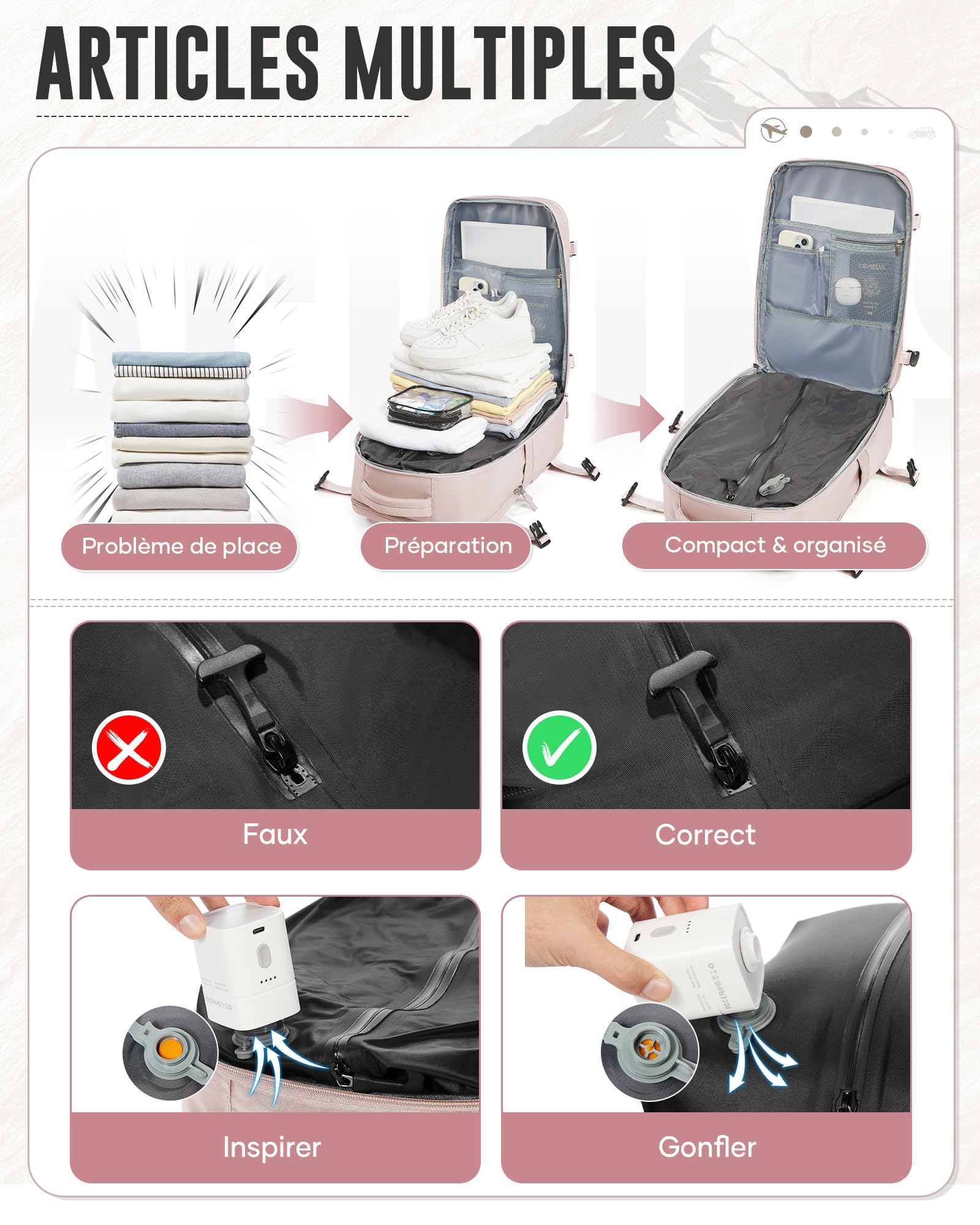 Sac a Dos Compression sous Vide Homme Femme Sac Airbag Travel sous Vide Imperméable Sac à Dos Voyage Cabine Avion 40x30x20 Saca Sos Ordinateur Portable 14 Pouces Port USB-Rose
