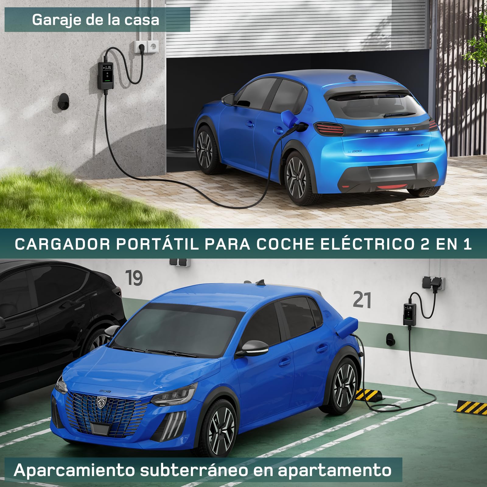 dé Cargador Coche Electrico 3,7kW [6-16A] Cargador Vehiculo Electrico Portátil con Soporte de Pared, Pantalla Digital LCD, Controlable para Model Y/3, GLC, A250, Q3 y Otros EV/PHEV, 5,5m Negro