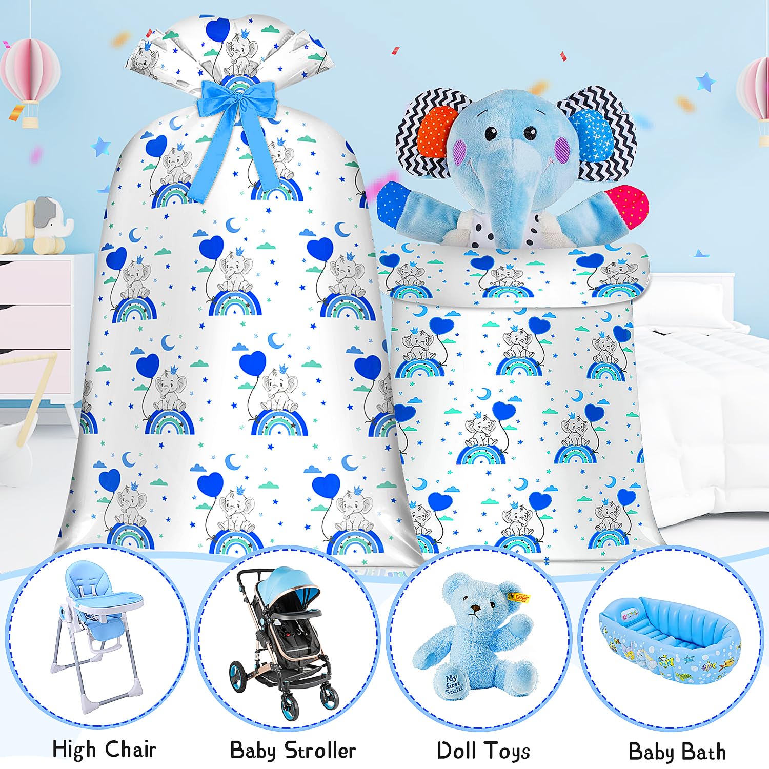 Extra Large Baby Gift Bag Baby Shower Bag Jumbo Gift Bag for Giant Gift Bag for Huge Gift,XL Gift Bag Blue Elephant Rainbow Big Gift Bag for Huge Gift Bag Oversized Gift Bag Present Bag Bluey Gift Wrap Bag Wrapping Bag for Large Gifts for Baby Boy Plastic Bike Gift Bag Baby Shower(48inch Blue 1Pack)