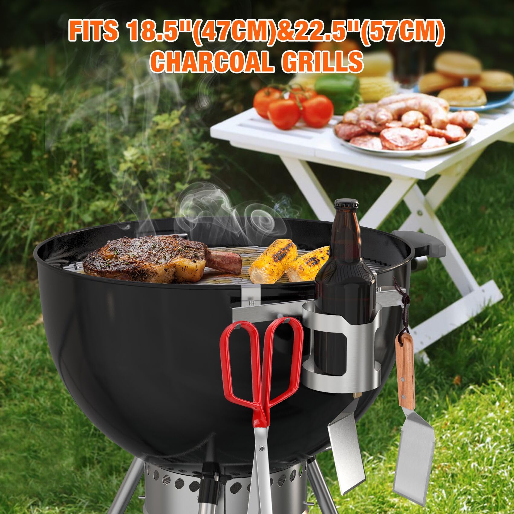 Onlyfire Uchwyt na narzędzia do grilla ze stali nierdzewnej do grilla Weber 47/57 cm, na węgiel drzewny, uchwyt na butelkę, uchwyt na kubek z 4 haczykami do grilla do barebecue, narzędzie do