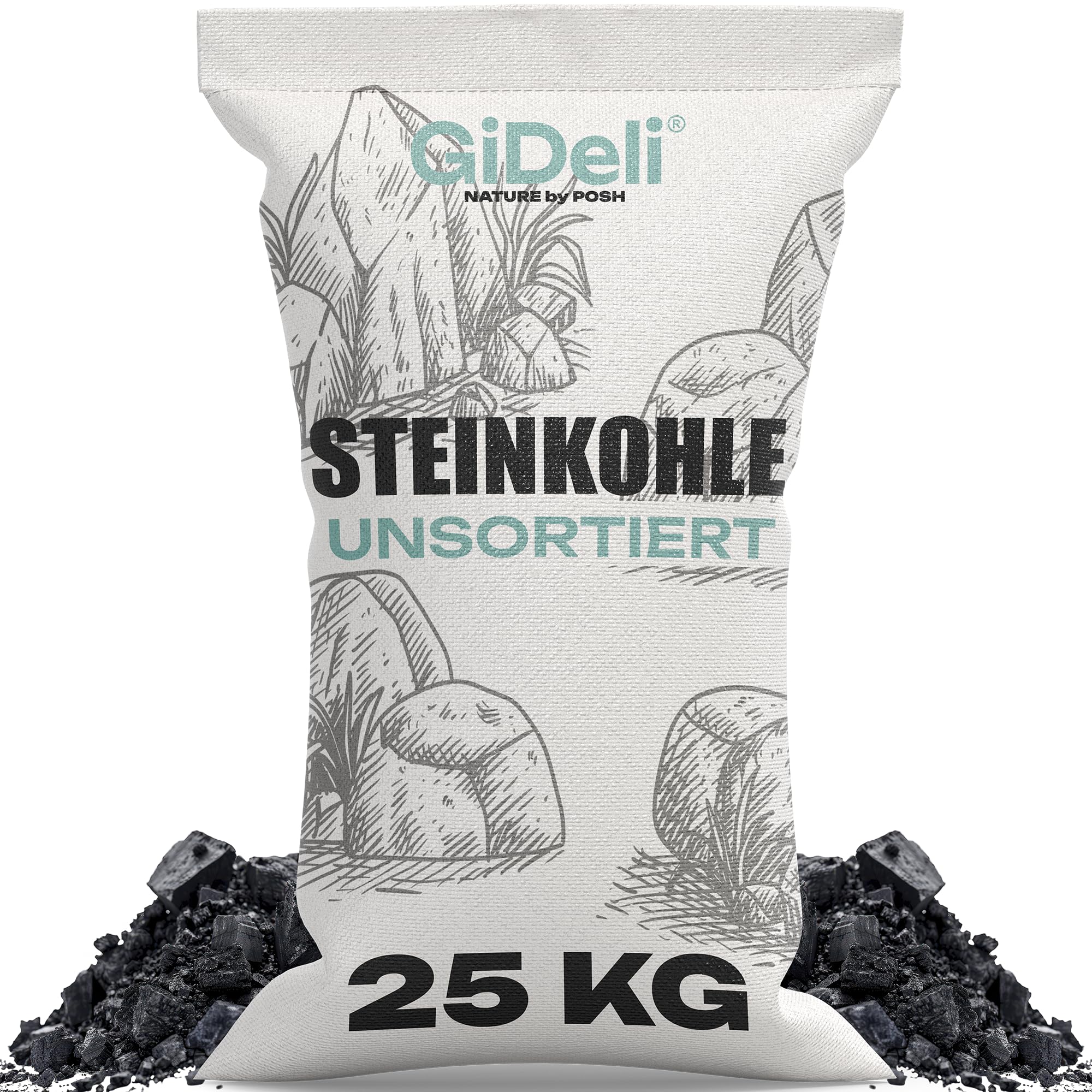 GiDeli Carbón de carbón de 25 kg para horno y estufa de leña – Carbón antracita sin clasificar 5 – 50 mm – Alto poder calorífico 24 – 26 MJ/kg – Big Bag – Carbón calefactor para calefacción