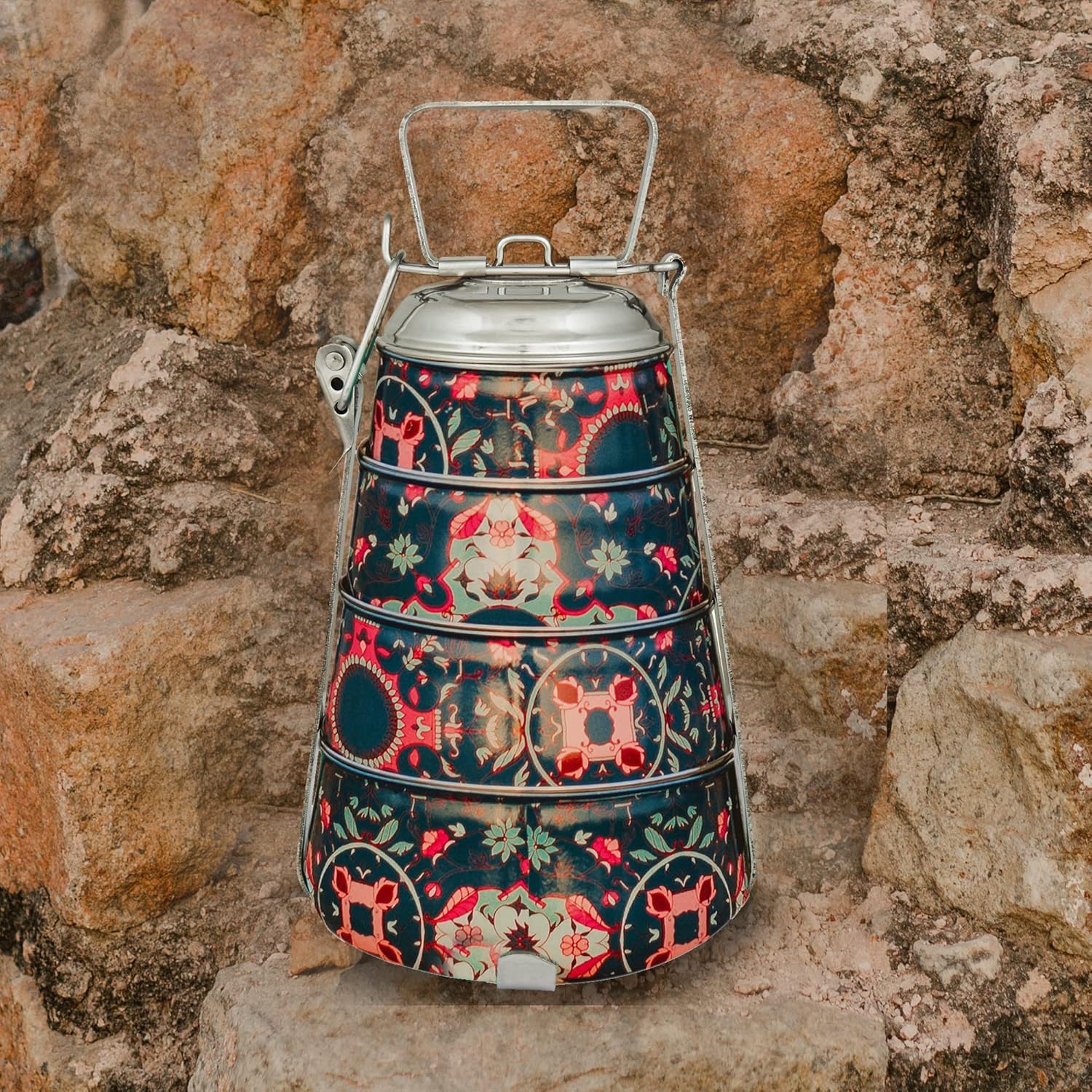 Elan 4 Tier Traditional Indian Lunch Box | Four Compartment Stainless Steel Tiffin Box for Office | Pyramid Shape Food Carrier for Men (Tantraa)