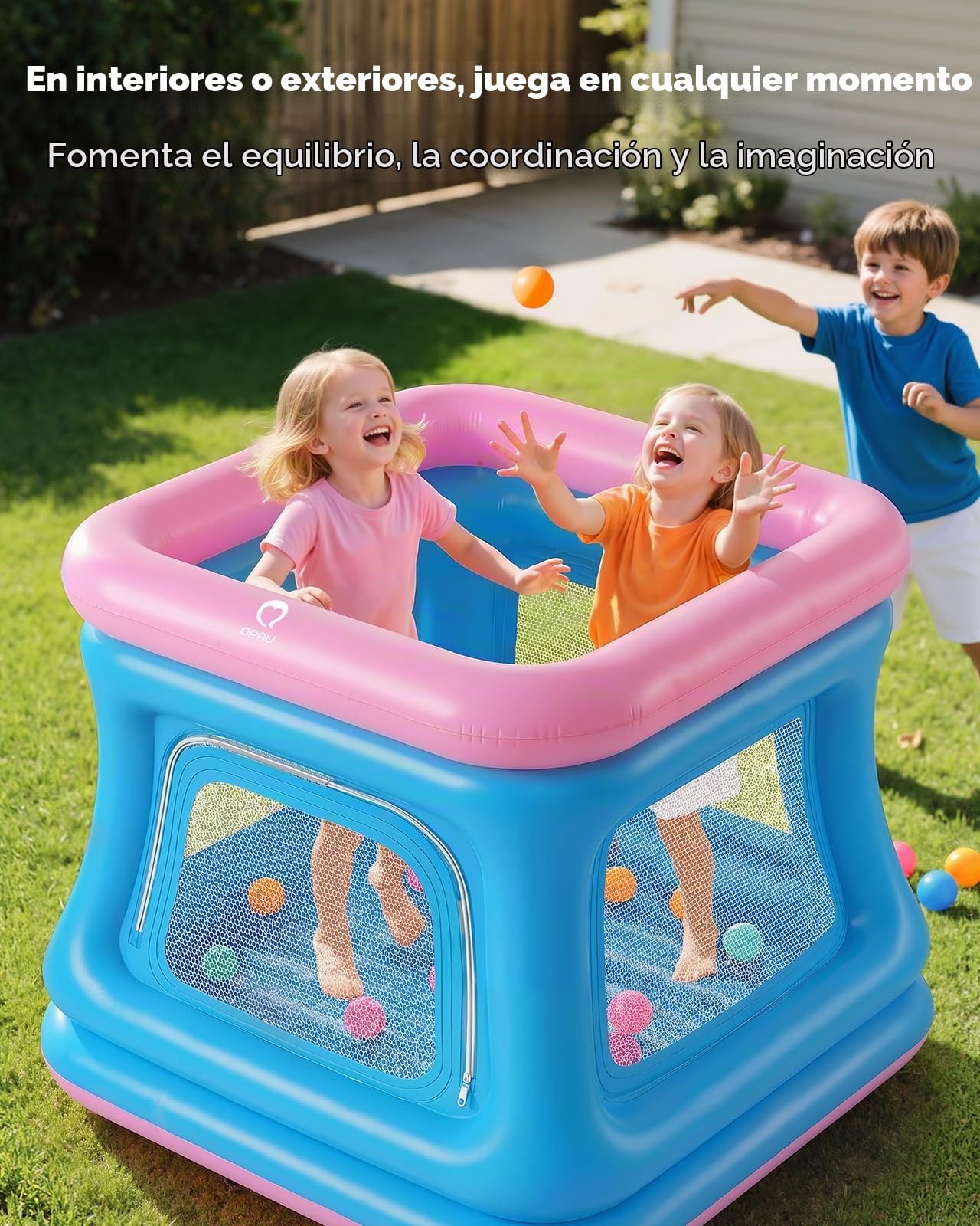 QPAU 3 en 1 - Pozo y cama elástica para niños pequeños, castillo hinchable con red de seguridad, juguetes al aire libre para niños pequeños de 1 a 3, casa de rebote interior, patio de juegos para