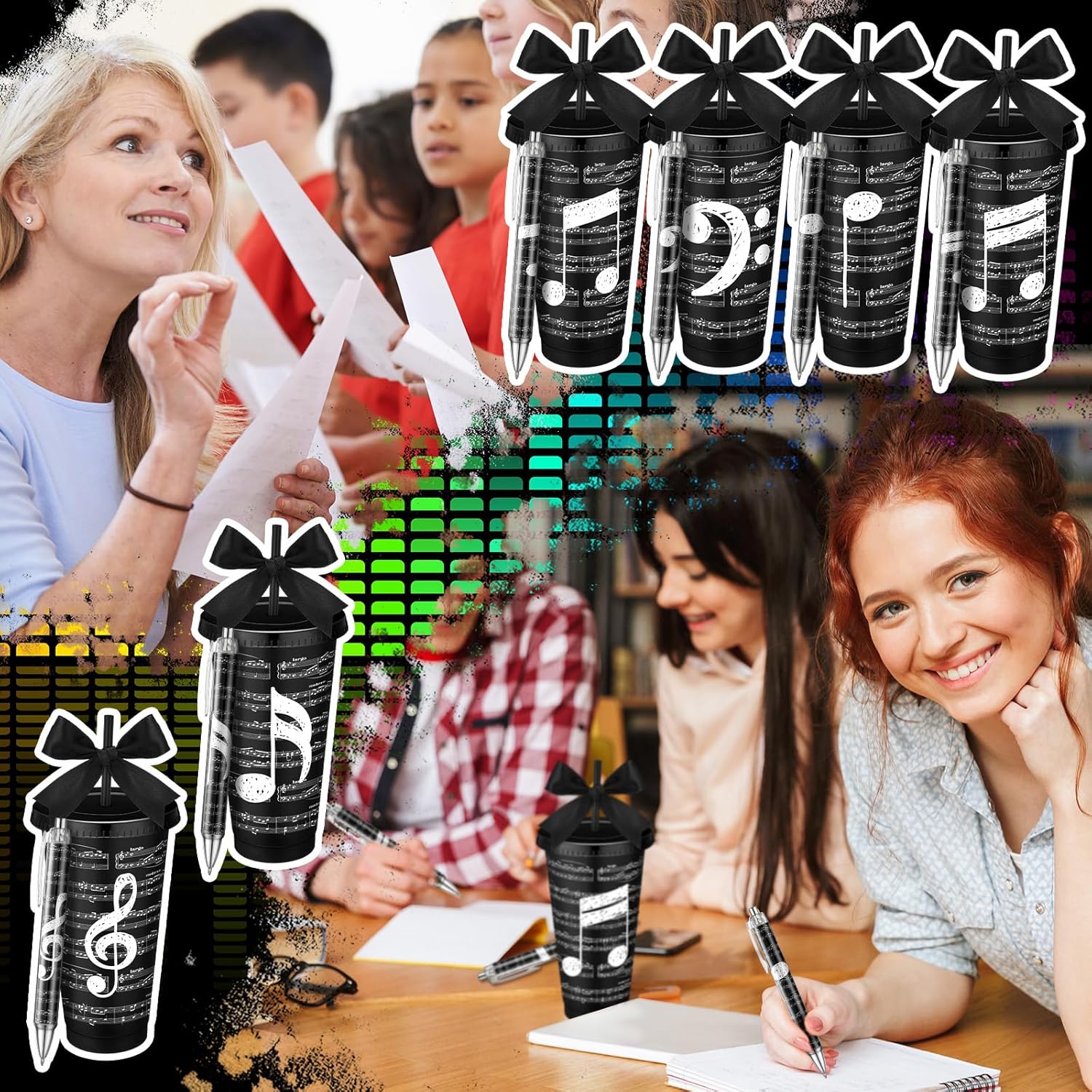 Skylety 12 Sets Musical Note Tumbler Cups Bulk 24 oz Valentine Gifts Music Themed Reusable Note Plastic Tumbler with Straw and Lid Ballpoint(Black) - Image 5
