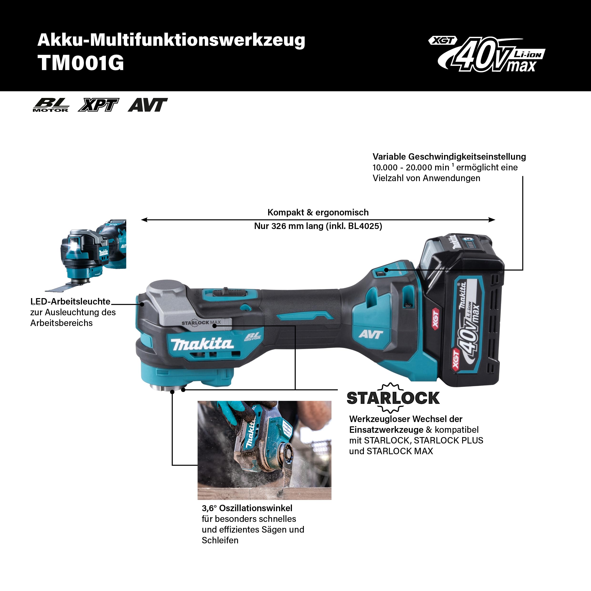 Makita TM001GZ - Herramienta multifunción (40 V, máx. (sin cargador, sin baterías y sin accesorios)