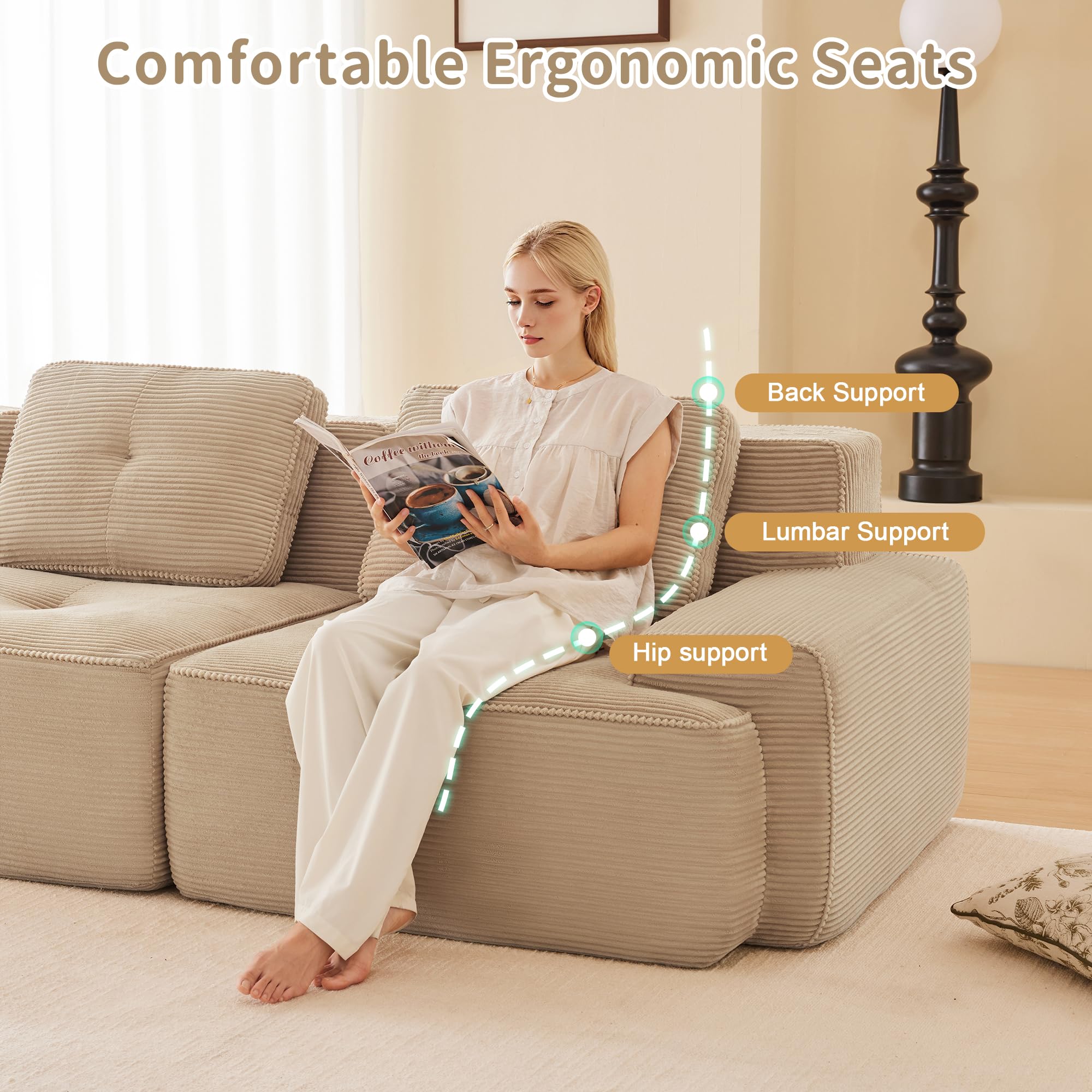 Sofá modular de pana en forma de L, sofá cama con taburete otomano, sofá de salón con comodidad y soporte de asiento bajo, sin montaje, espuma 32D de alta elasticidad (caqui claro, 3 plazas+1)