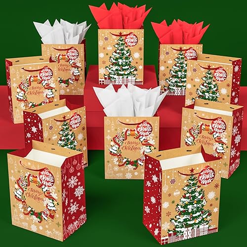 Miniatura 4 de ECOHOLA 12 bolsas de regalo de papel kraft de Navidad con etiquetas y pañuelos, papel de regalo rojo metálico para bolsas de regalo de papel