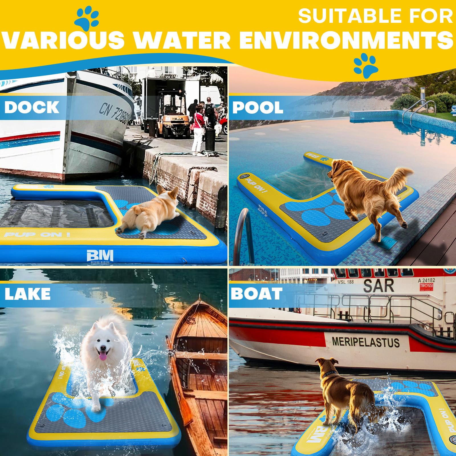 Beyond Marina Rampa de piscina para perros, rampa inflable para agua y barco para lago, escalera flotante de muelle de pontón con EVA antideslizante, estándar PUP ON, extragrande 59 x 47 x 6 pulgadas