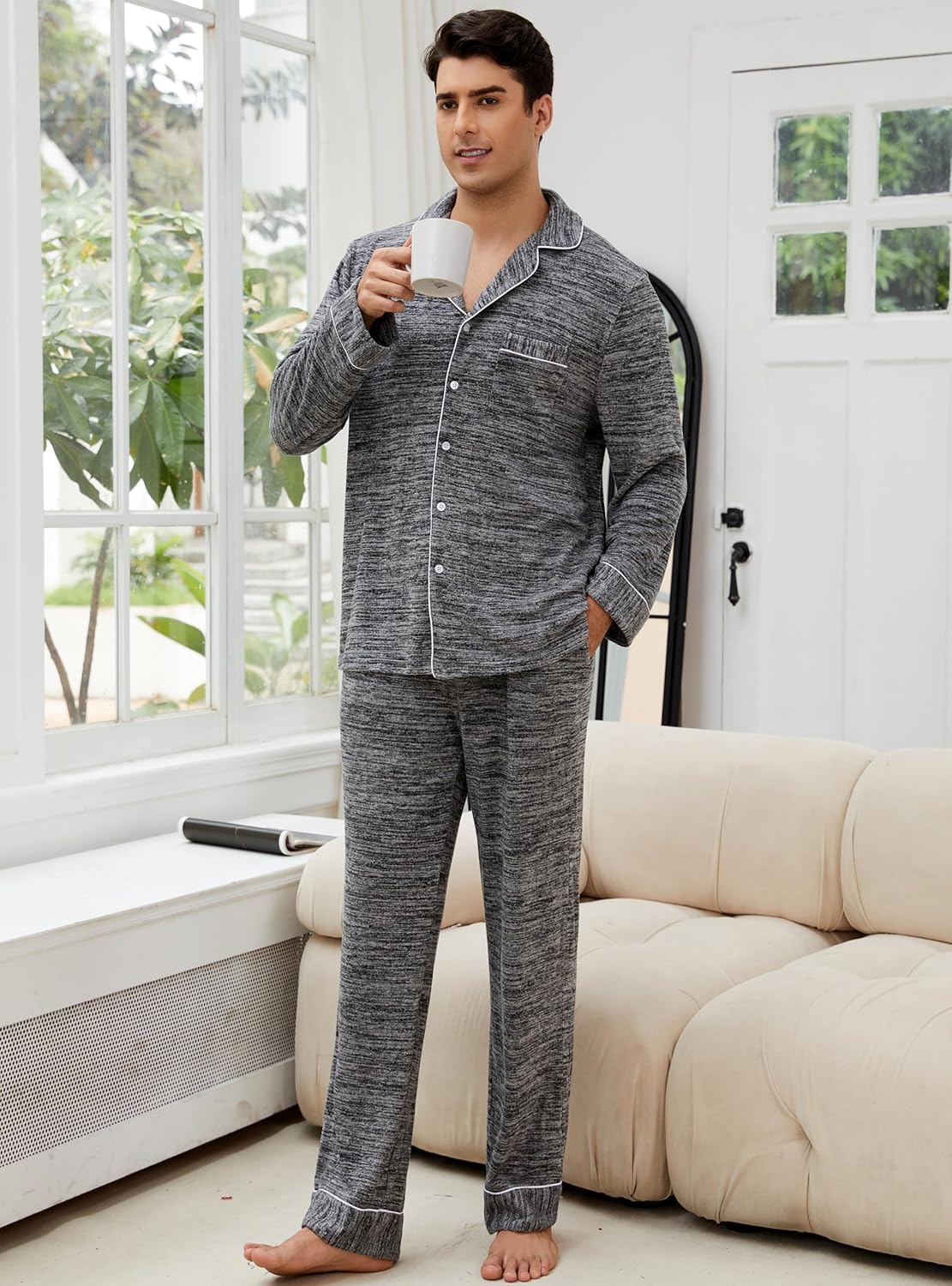 Veseacky Mens Pajamas Set Long Sleeve Soft Pajamas for Men Button Down Sleepwear Pjs Lounge Sets with Pockets S-2XL - Image 2