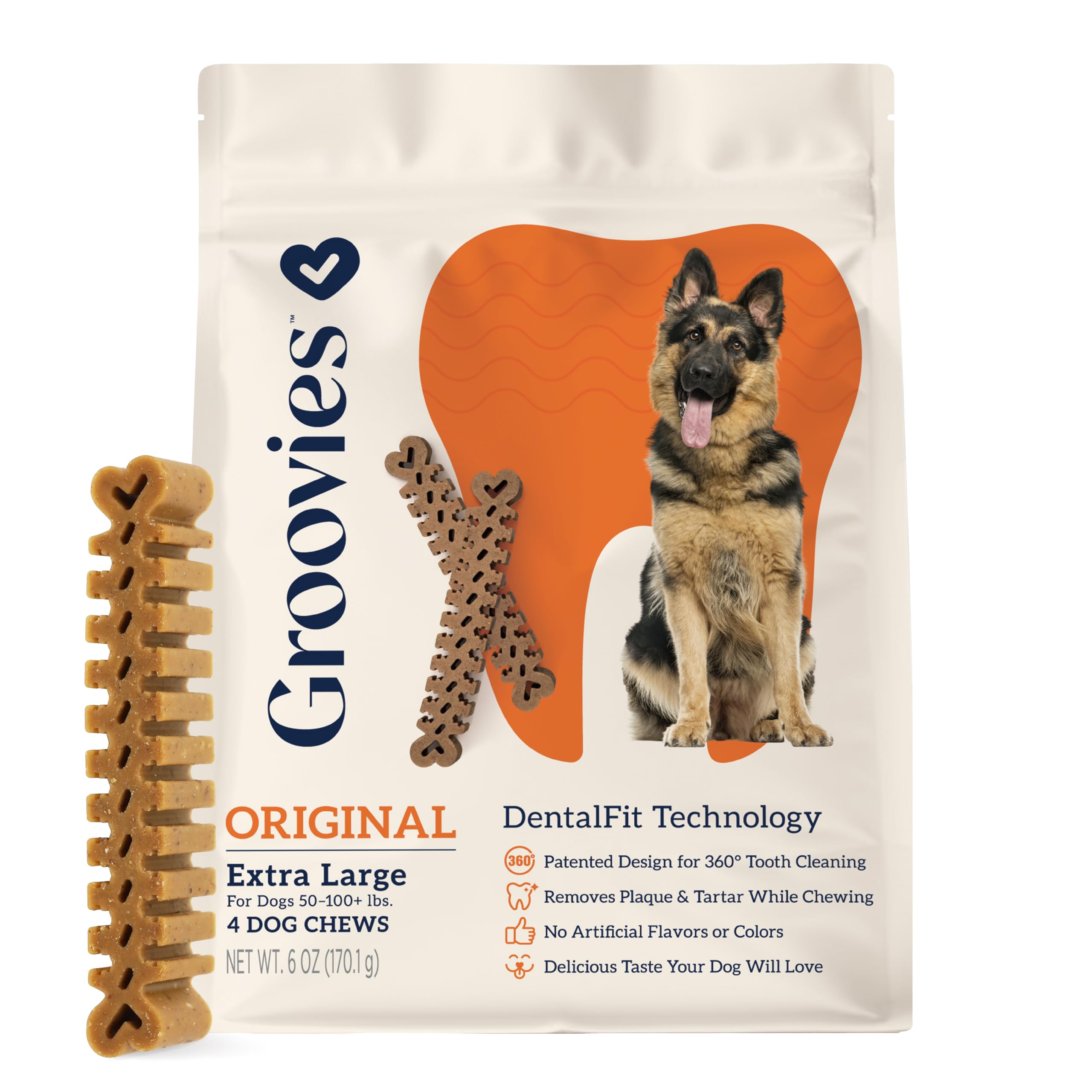 Groovies Flexible, Built to Last Dog Dental Chews, Contact-Cleaning Design Supporting Tartar Control & Fresh Breath, Oral Care Treats, USA Manufactured, Patented DentalFit Tech, XLarge Dogs, 4 Chews