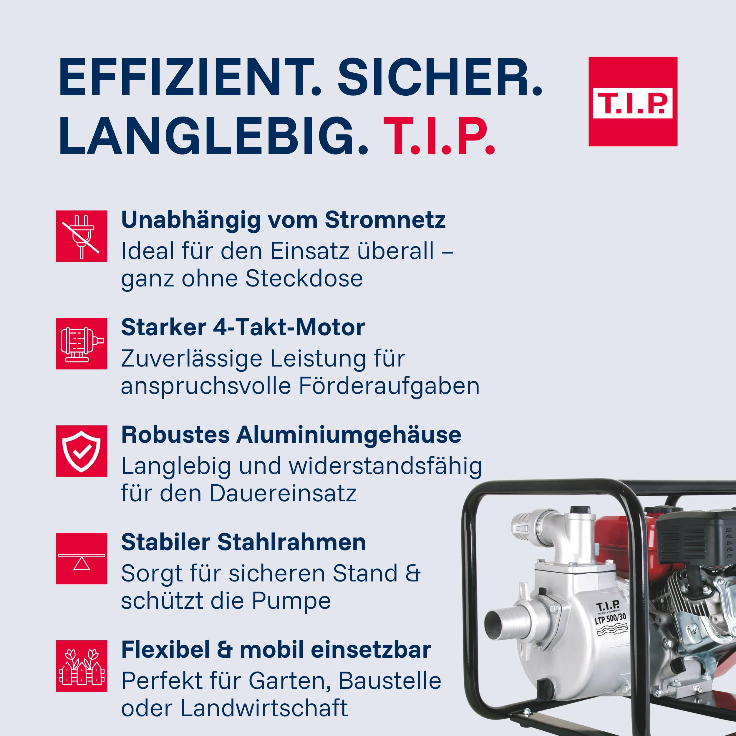 T.I.P. Benzin Wasserpumpe - Motor Gartenpumpe (30.000 l/h Fördermenge, 30 m Förderhöhe, 3,0bar Druck, max. 3,85kW (5,2PS) Leistung, Ölmangelsicherung, 4-Takt-Motor, Rückschlagklappe) LTP 500/30, 30197