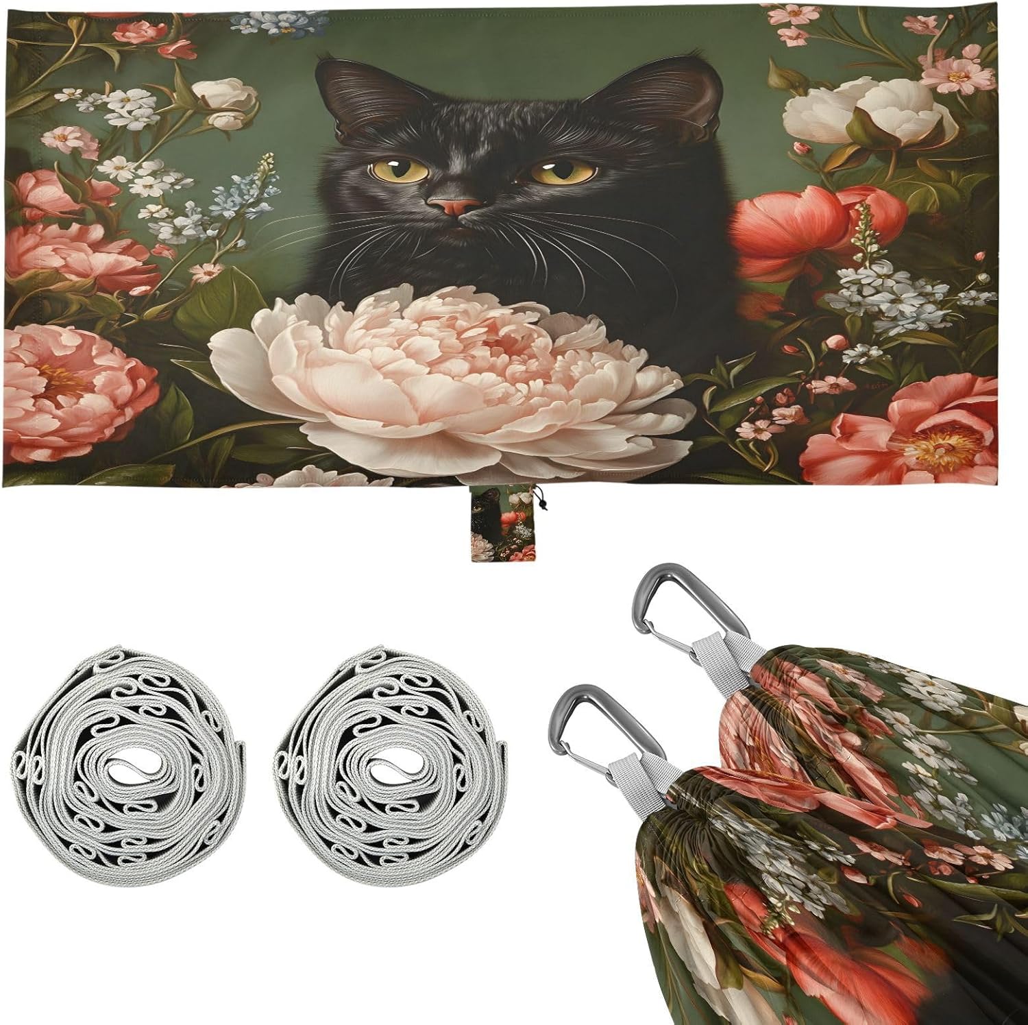 ALAZA Black Cat Peony Flowers Camping Hammocks Single or 2 Person 500 lbs Portable Parachute Travel Hammock w/Tree Straps for Hiking Backpacking Indoor Outdoor